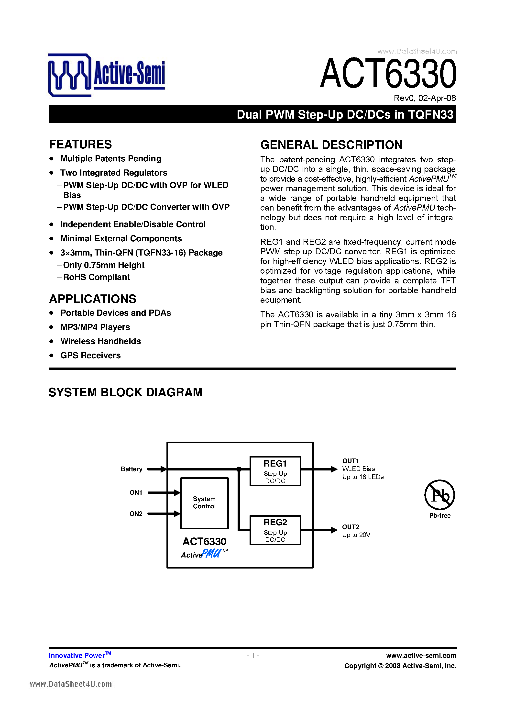 Datasheet ACT6330 - Dual PWM Step-Up DC/DCs page 1