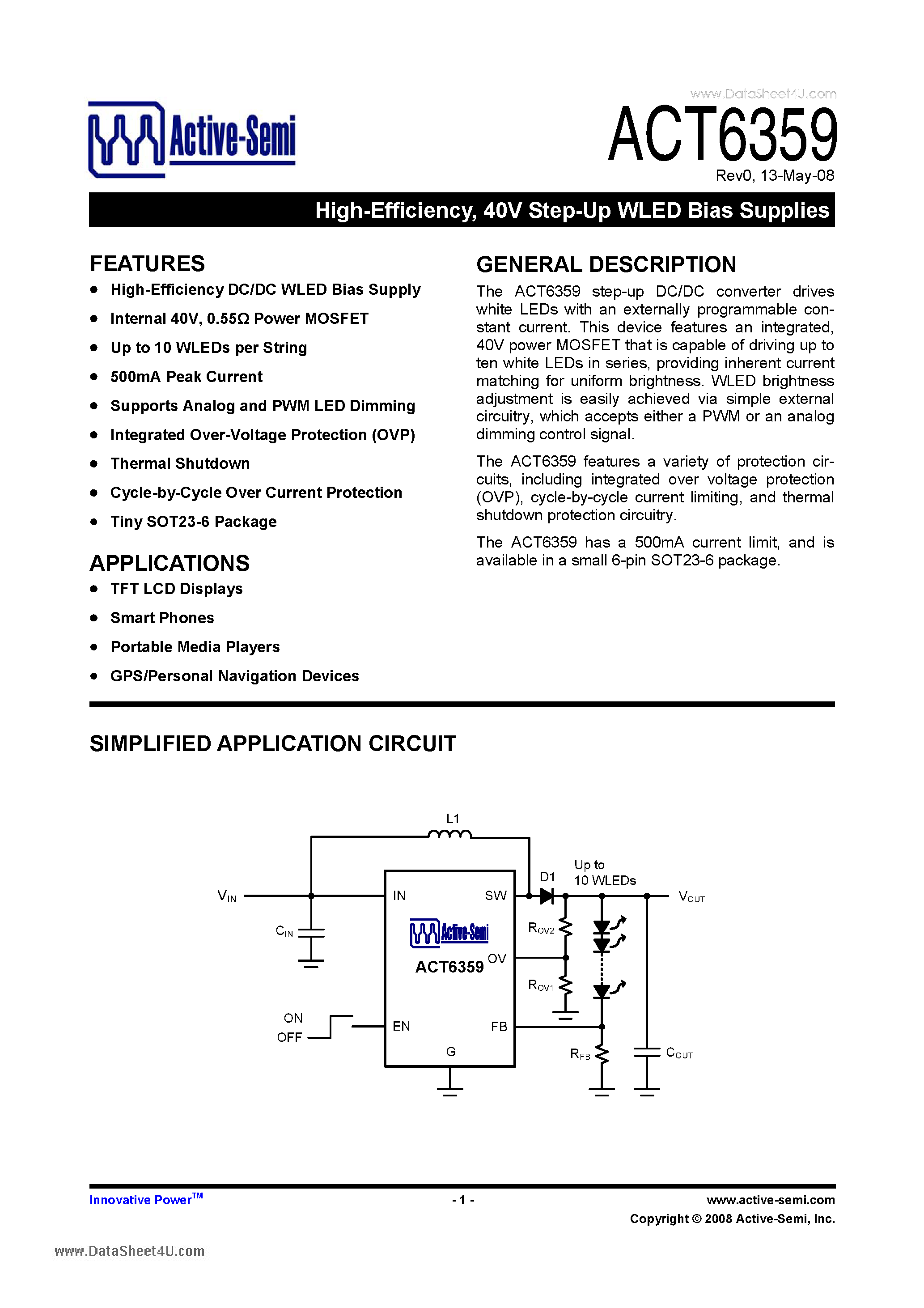 Datasheet ACT6359 - 40V Step-Up WLED Bias Supplies page 1