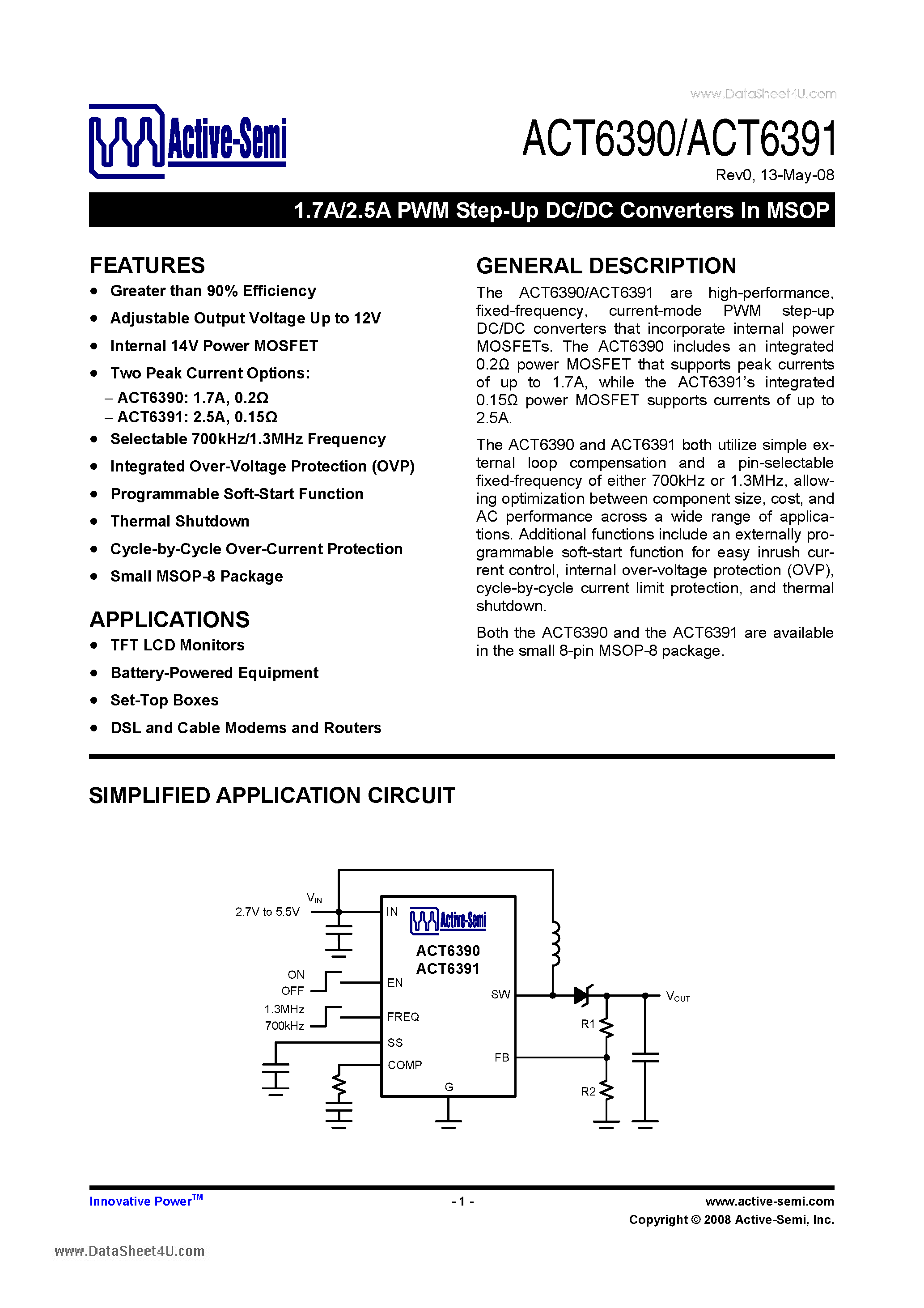 Datasheet ACT6390 - (ACT6390 / ACT6391) 1.7A/2.5A PWM Step-Up DC/DC Converters page 1