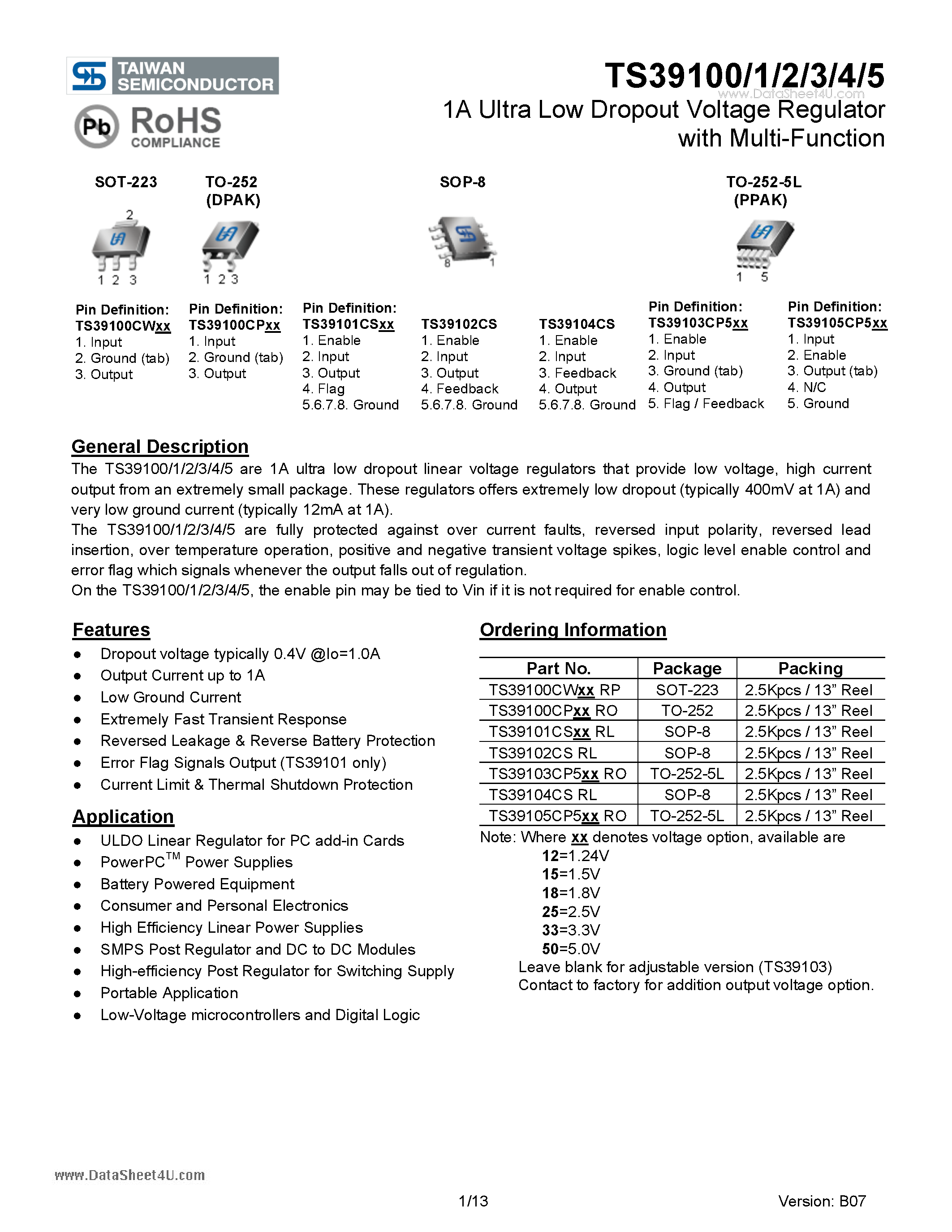 Datasheet TS39100 - (TS39100 - TS39105) 1A Ultra Low Dropout Voltage Regulator page 1