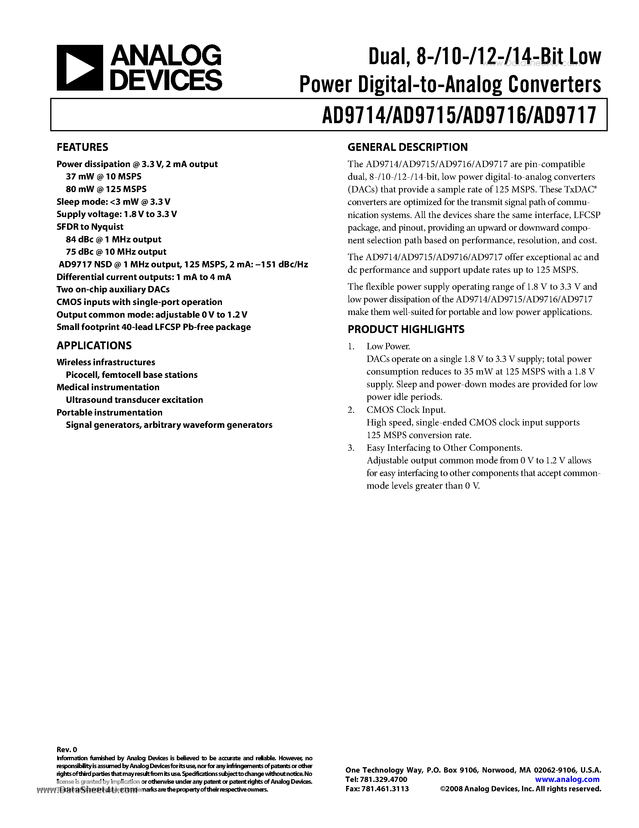 Даташит AD9714 - (AD9714 - AD9717) 8-/10-/12-/14-Bit Low Power Digital-to-Analog Converters страница 1
