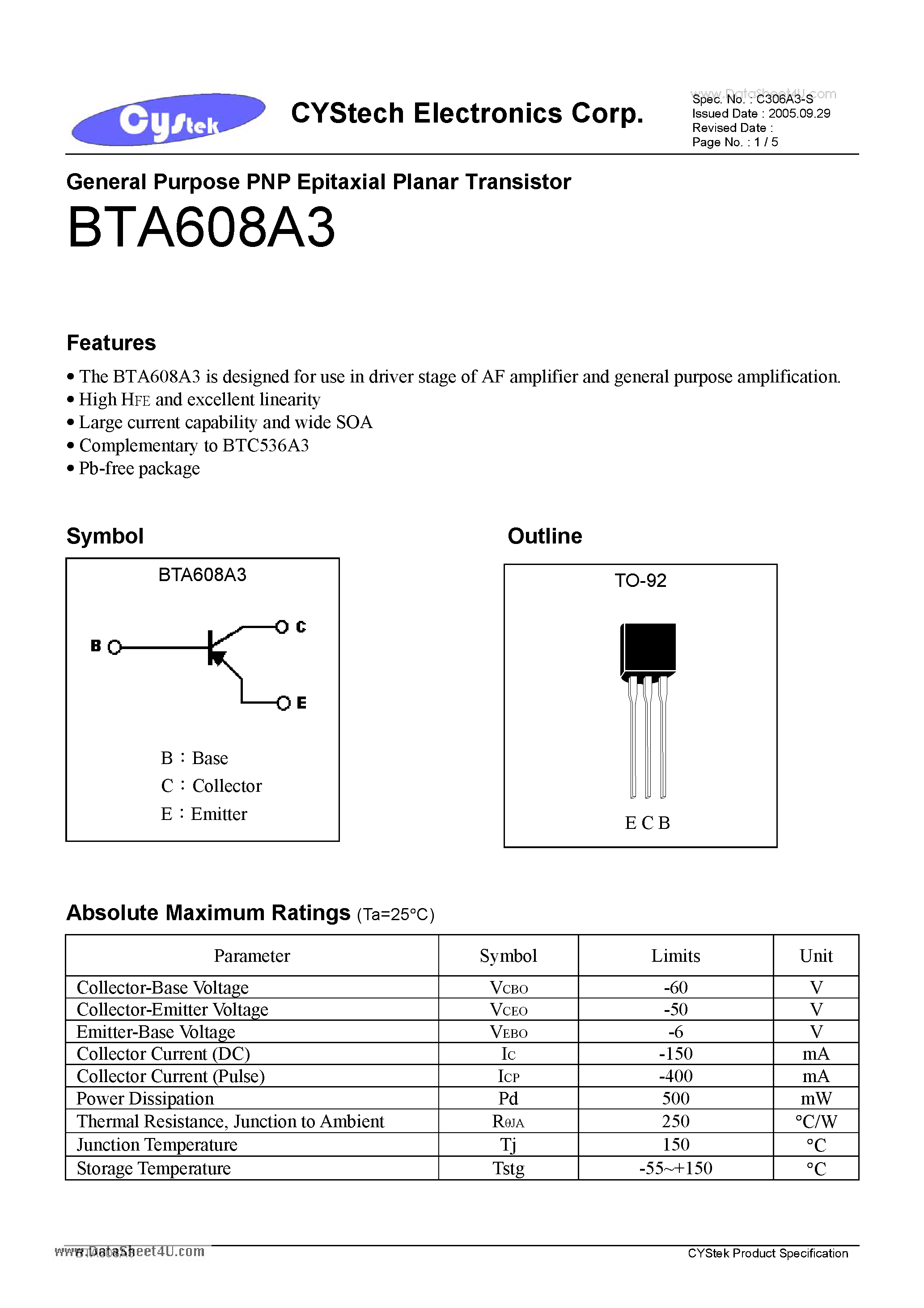Datasheet BTA608A3 - General Purpose PNP Epitaxial Planar Transistor page 1