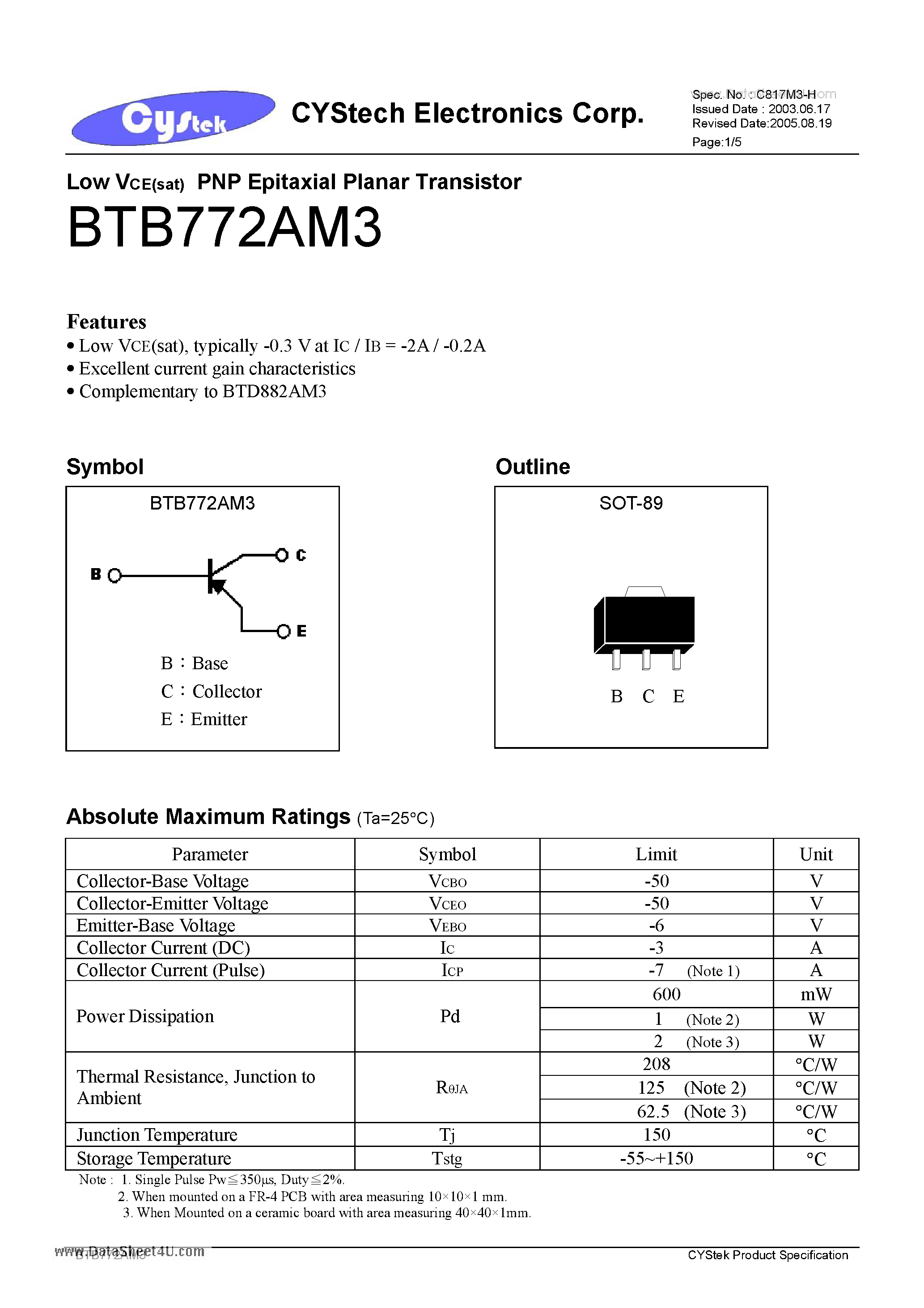 Даташит BTB772AM3 - Low VCE(sat) PNP Epitaxial Planar Transistor страница 1