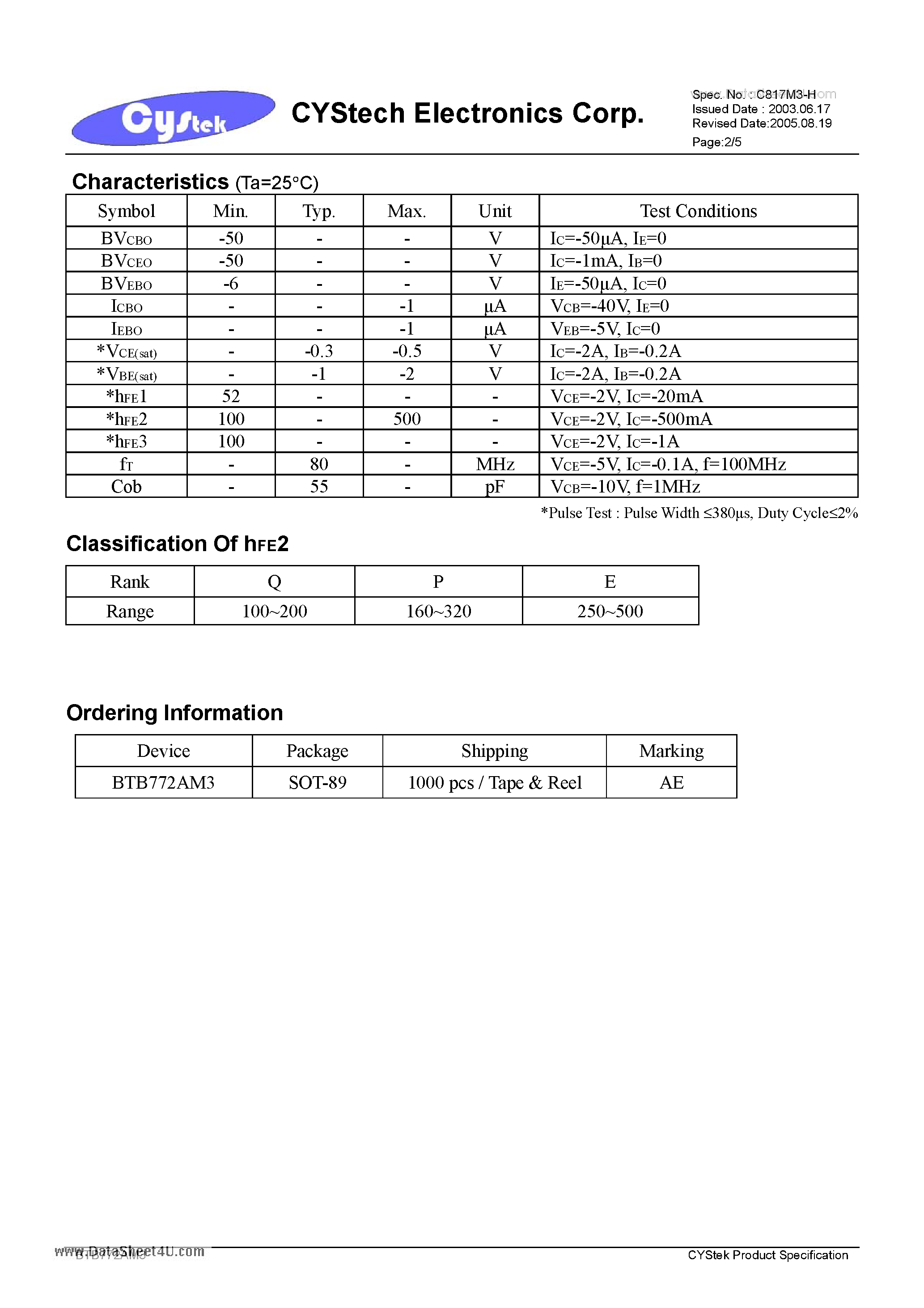 Даташит BTB772AM3 - Low VCE(sat) PNP Epitaxial Planar Transistor страница 2