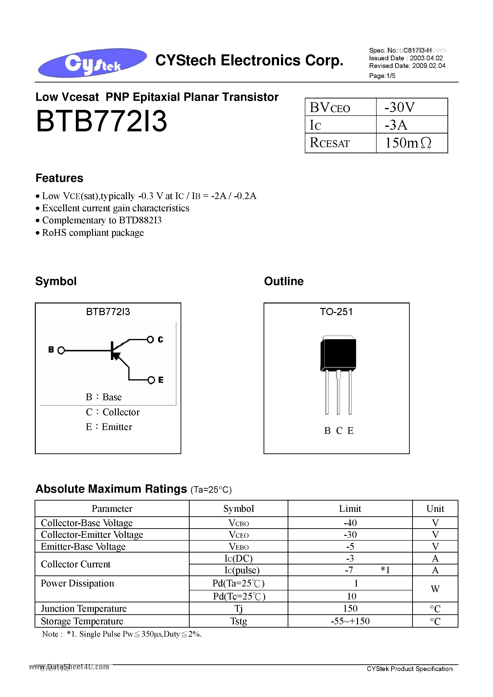 Даташит BTB772I3 - Low Vcesat PNP Epitaxial Planar Transistor страница 1