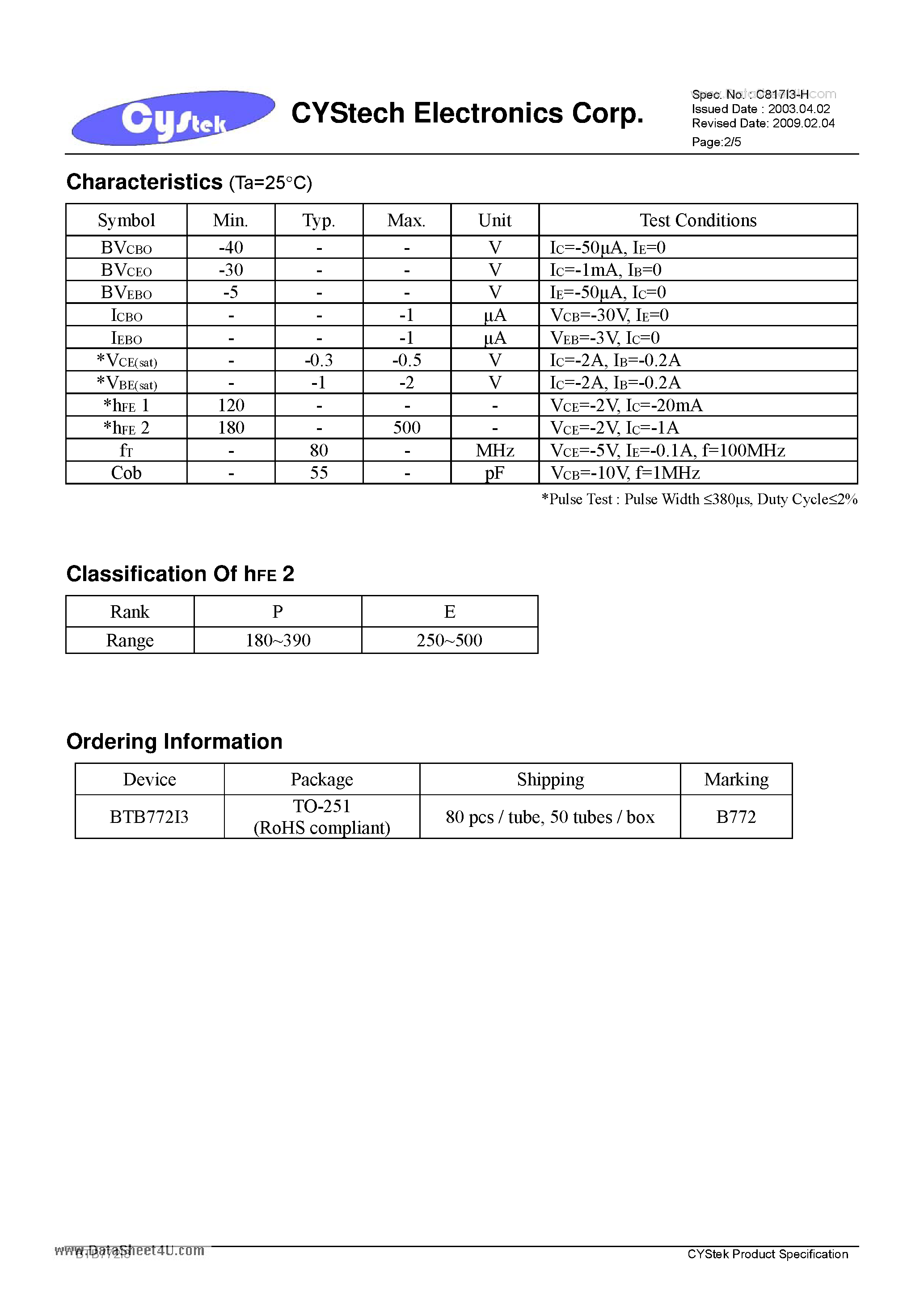 Datasheet BTB772I3 - Low Vcesat PNP Epitaxial Planar Transistor page 2