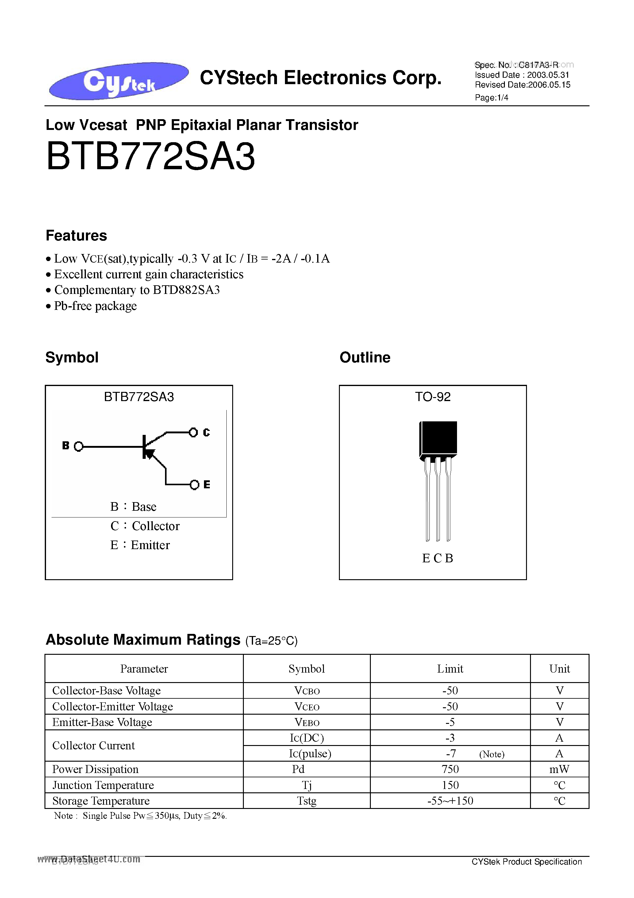 Даташит BTB772SA3 - Low Vcesat PNP Epitaxial Planar Transistor страница 1