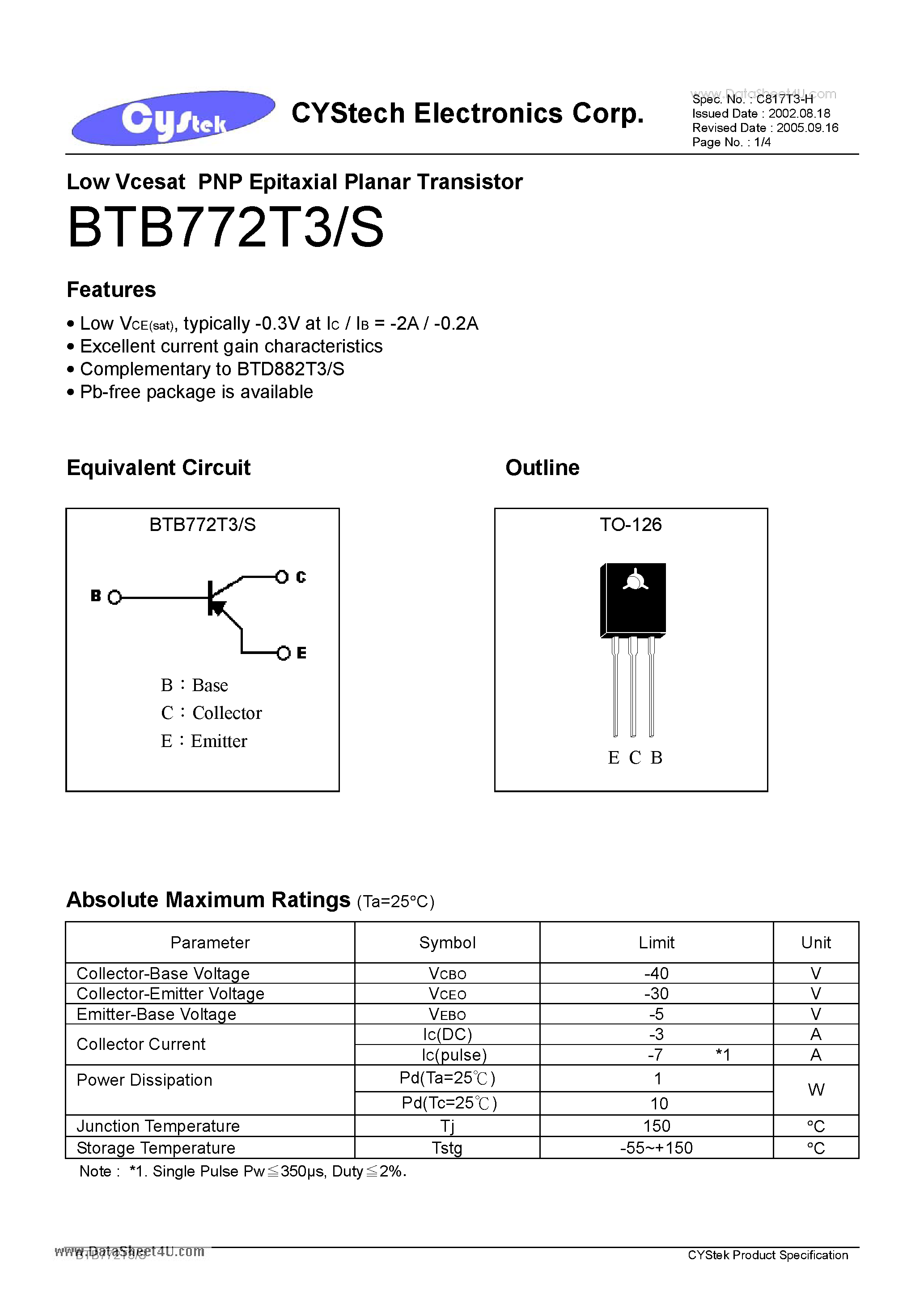 Даташит BTB772T3 - Low Vcesat PNP Epitaxial Planar Transistor страница 1