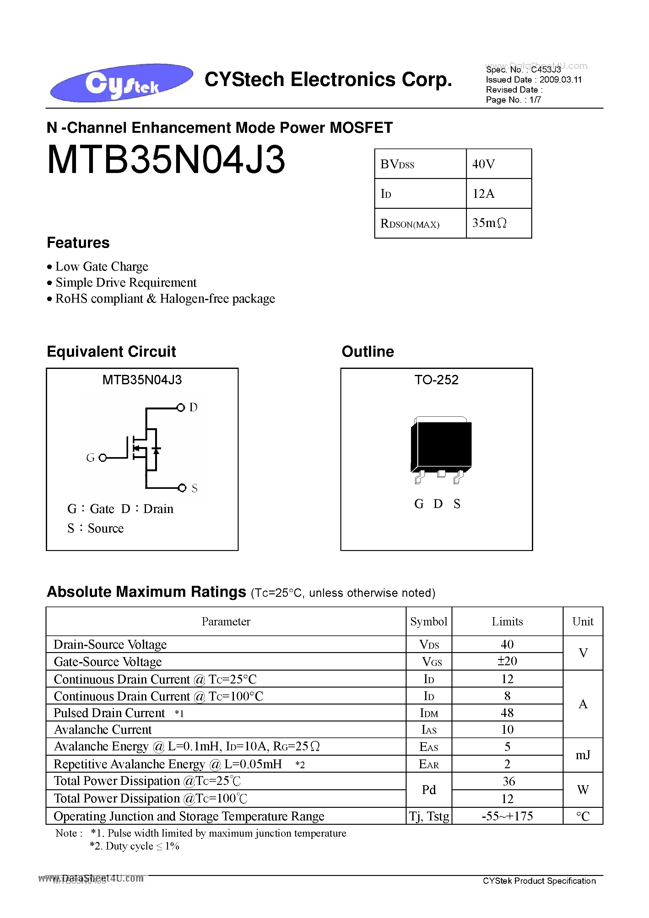 Даташит MTB35N04J3 - N -Channel Enhancement Mode Power MOSFET страница 1