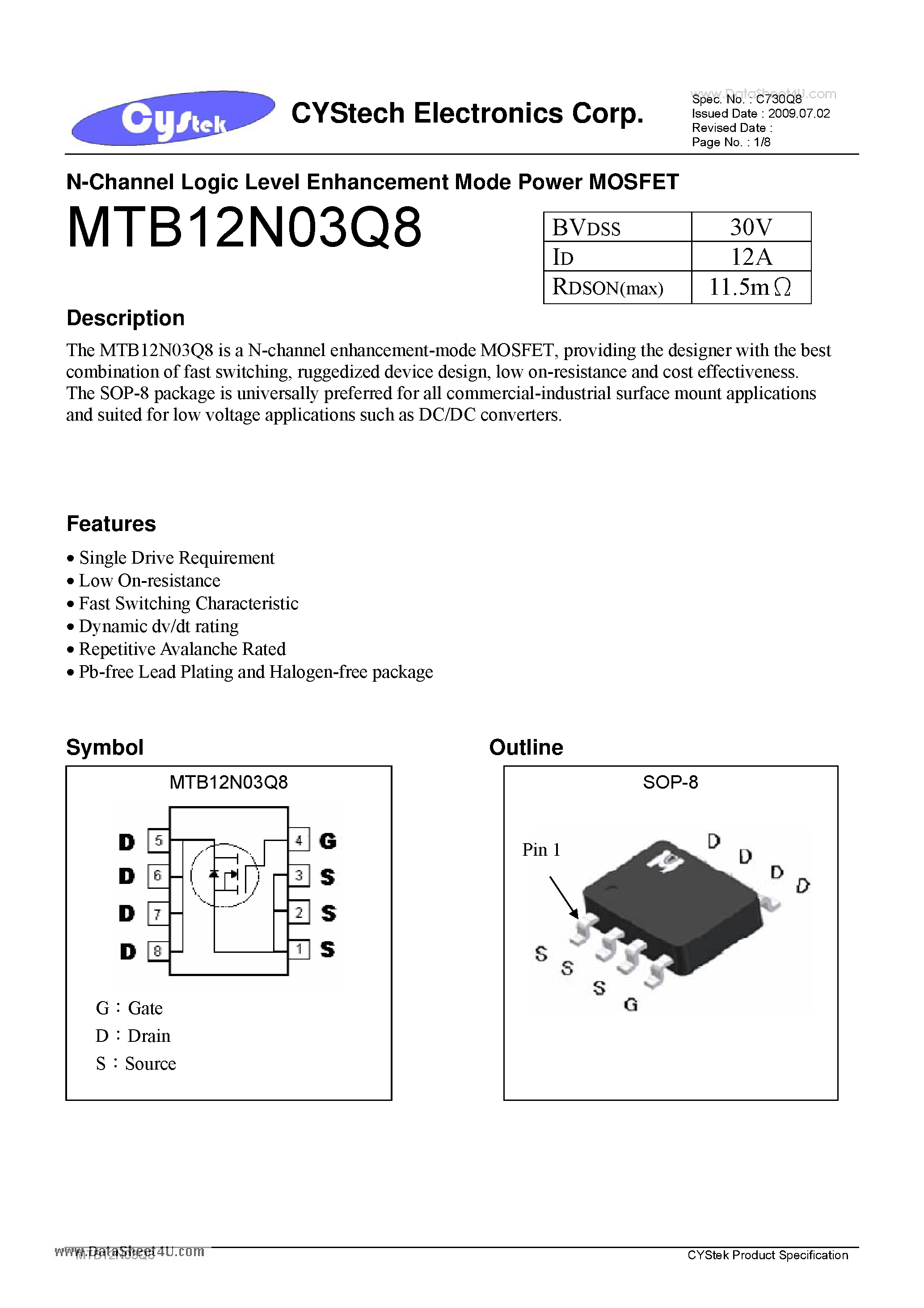 Datasheet MTB12N03Q8 - N-Channel Logic Level Enhancement Mode Power MOSFET page 1