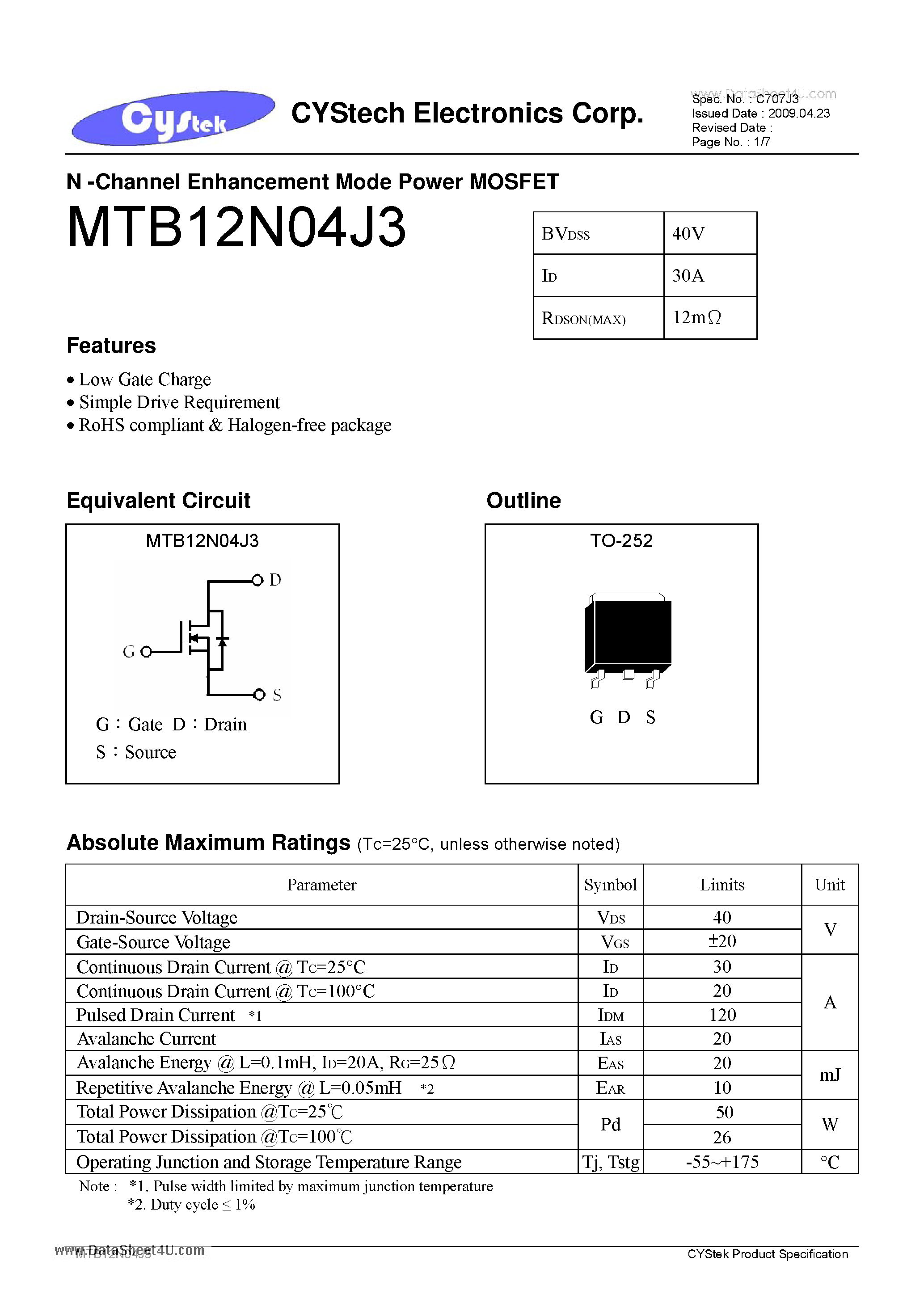 Datasheet MTB12N04J3 - N -Channel Enhancement Mode Power MOSFET page 1