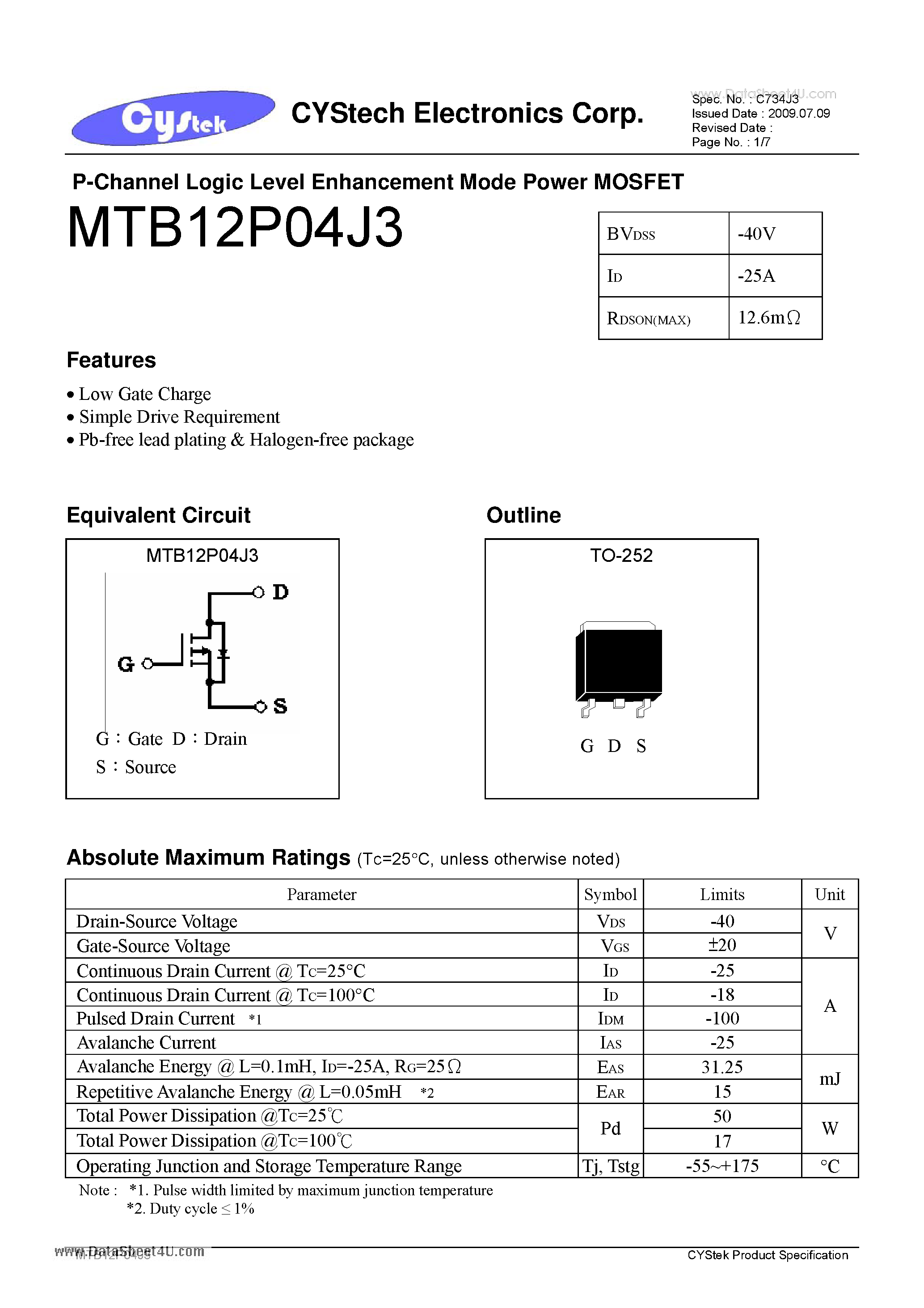 Даташит MTB12P04J3 - P-Channel Logic Level Enhancement Mode Power MOSFET страница 1