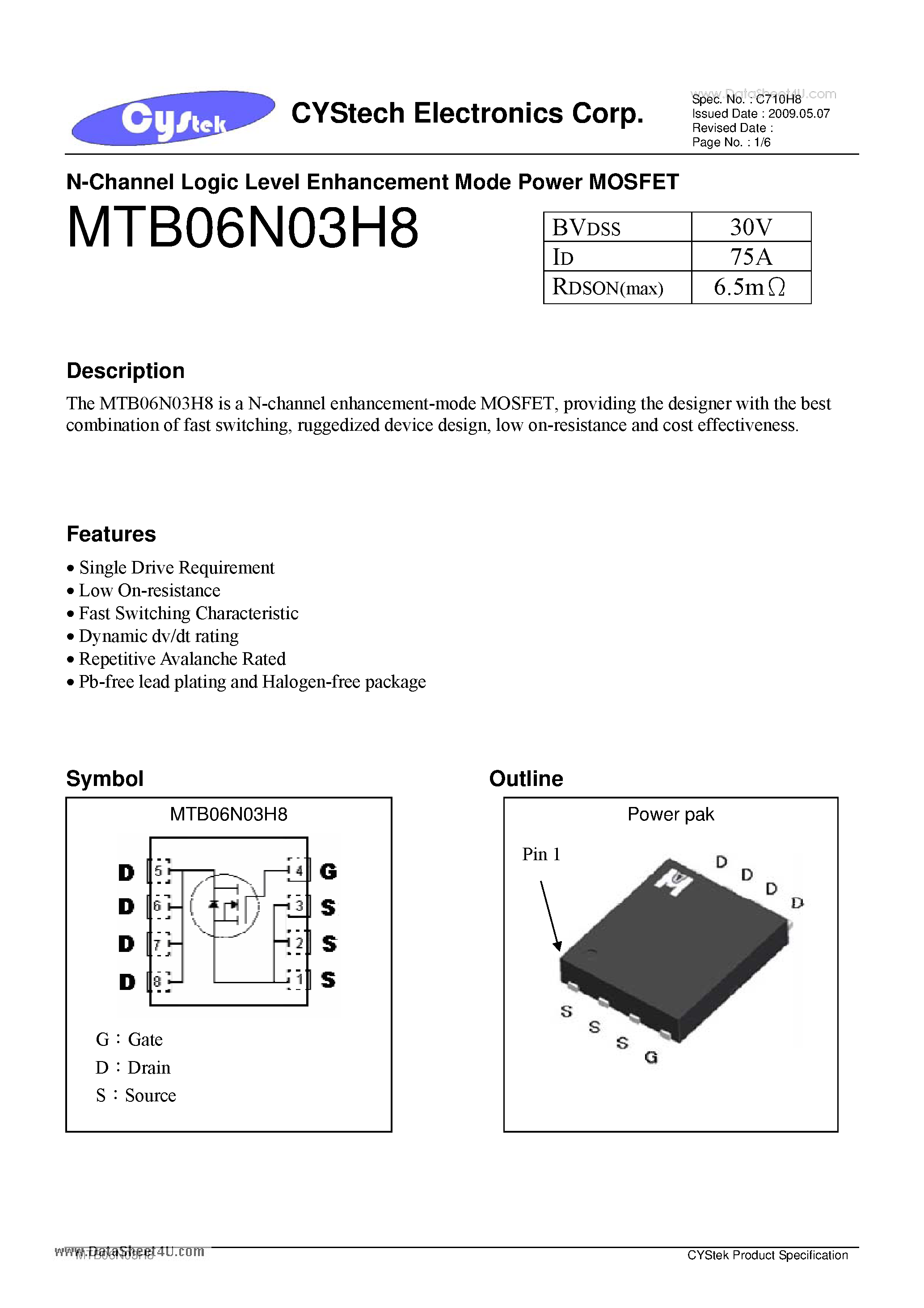 Даташит MTB06N03H8 - N-Channel Logic Level Enhancement Mode Power MOSFET страница 1