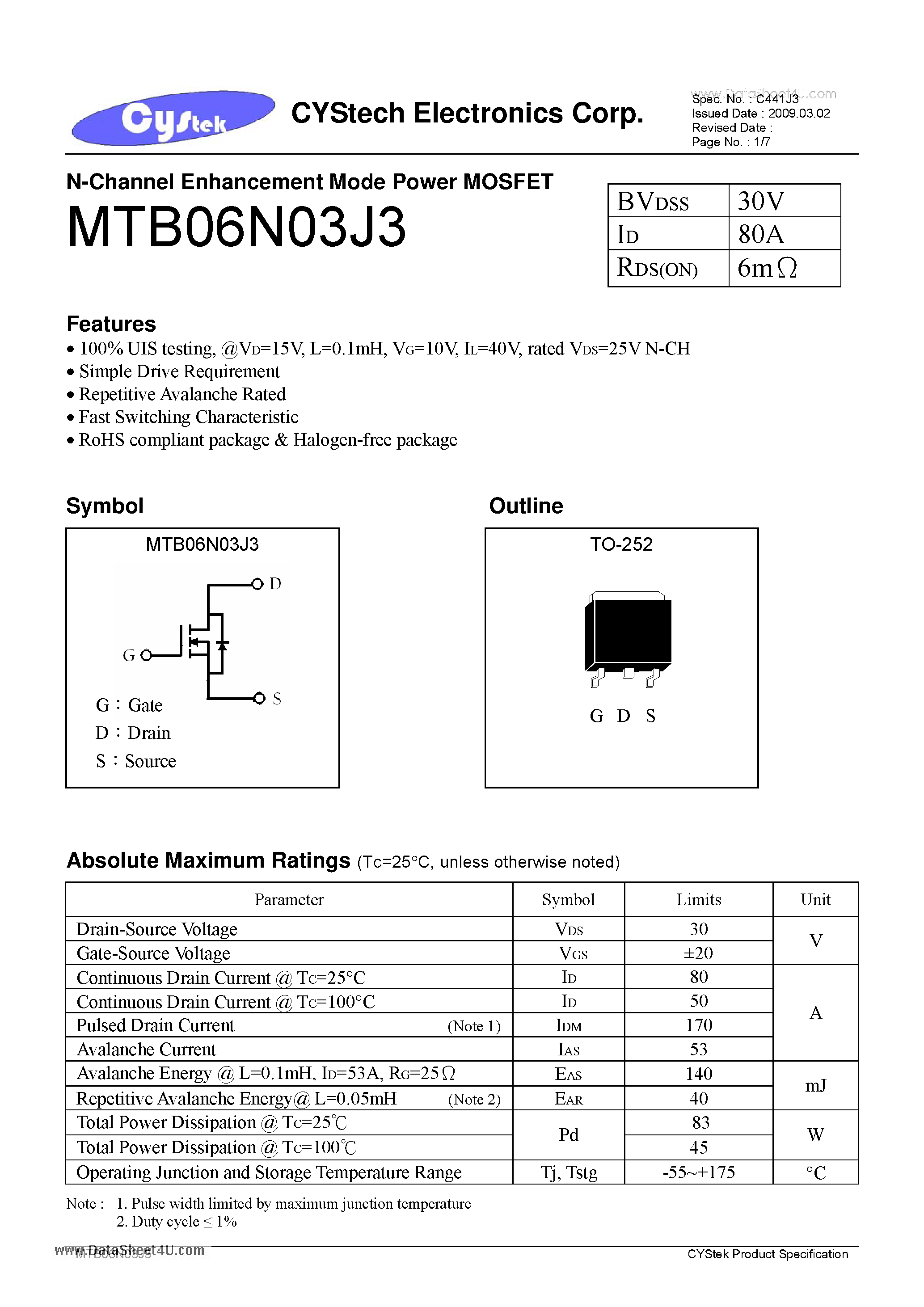 Datasheet MTB06N03J3 - N-Channel Enhancement Mode Power MOSFET page 1