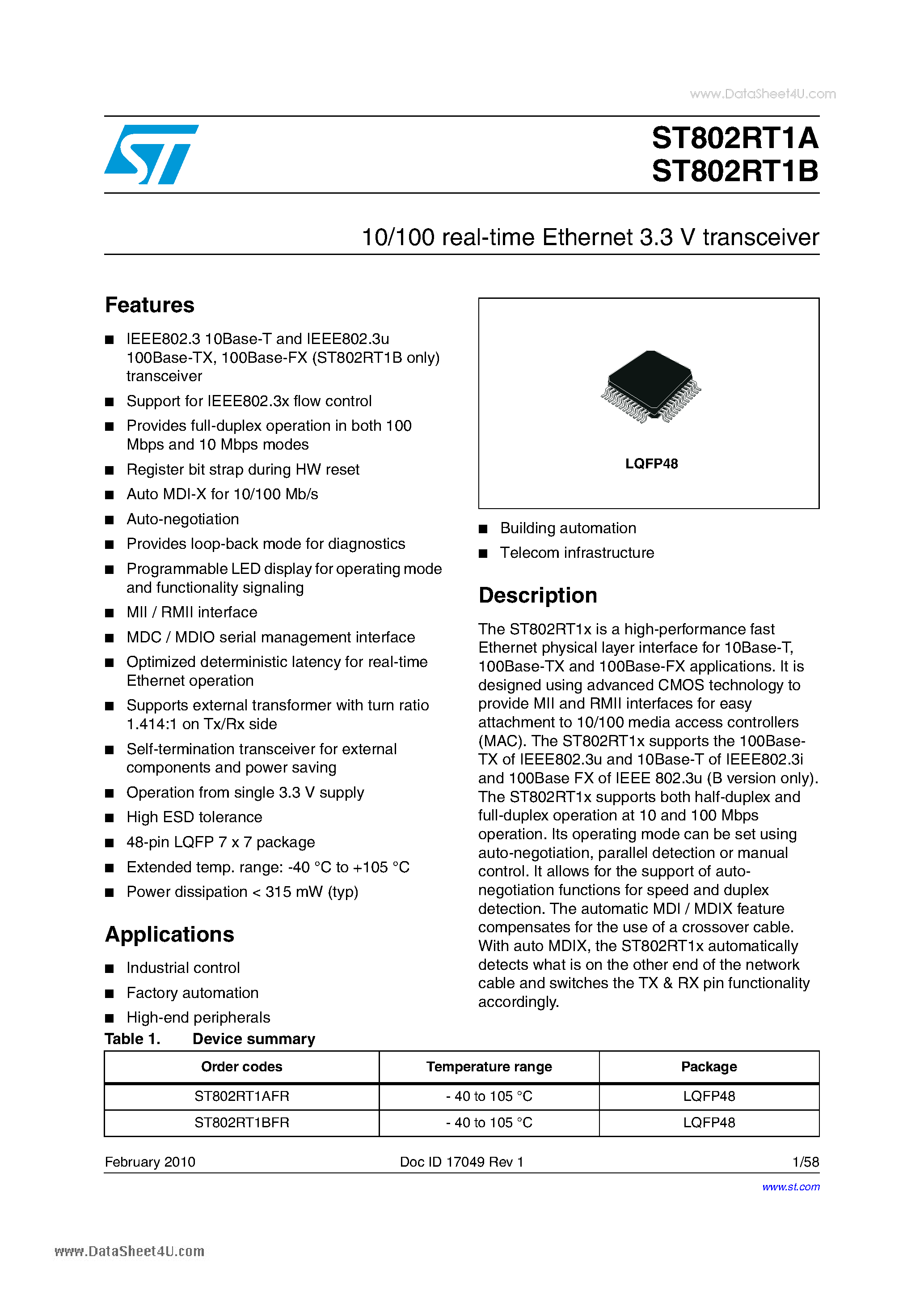 Datasheet ST802RT1A - 10/100 Real-time Ethernet 3.3 V Transceiver page 1