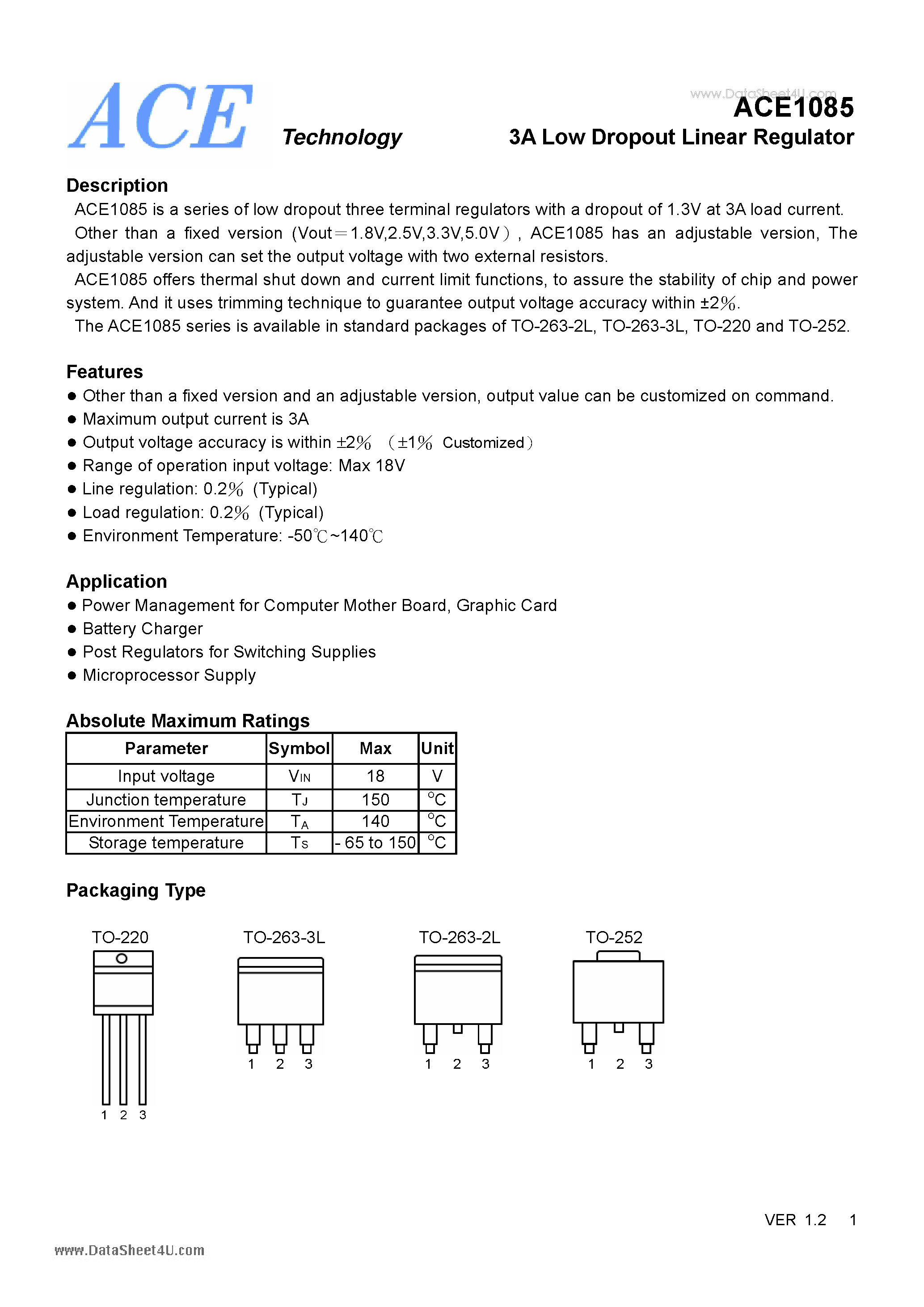 Datasheet ACE1085 - 3A Low Dropout Linear Regulator page 1