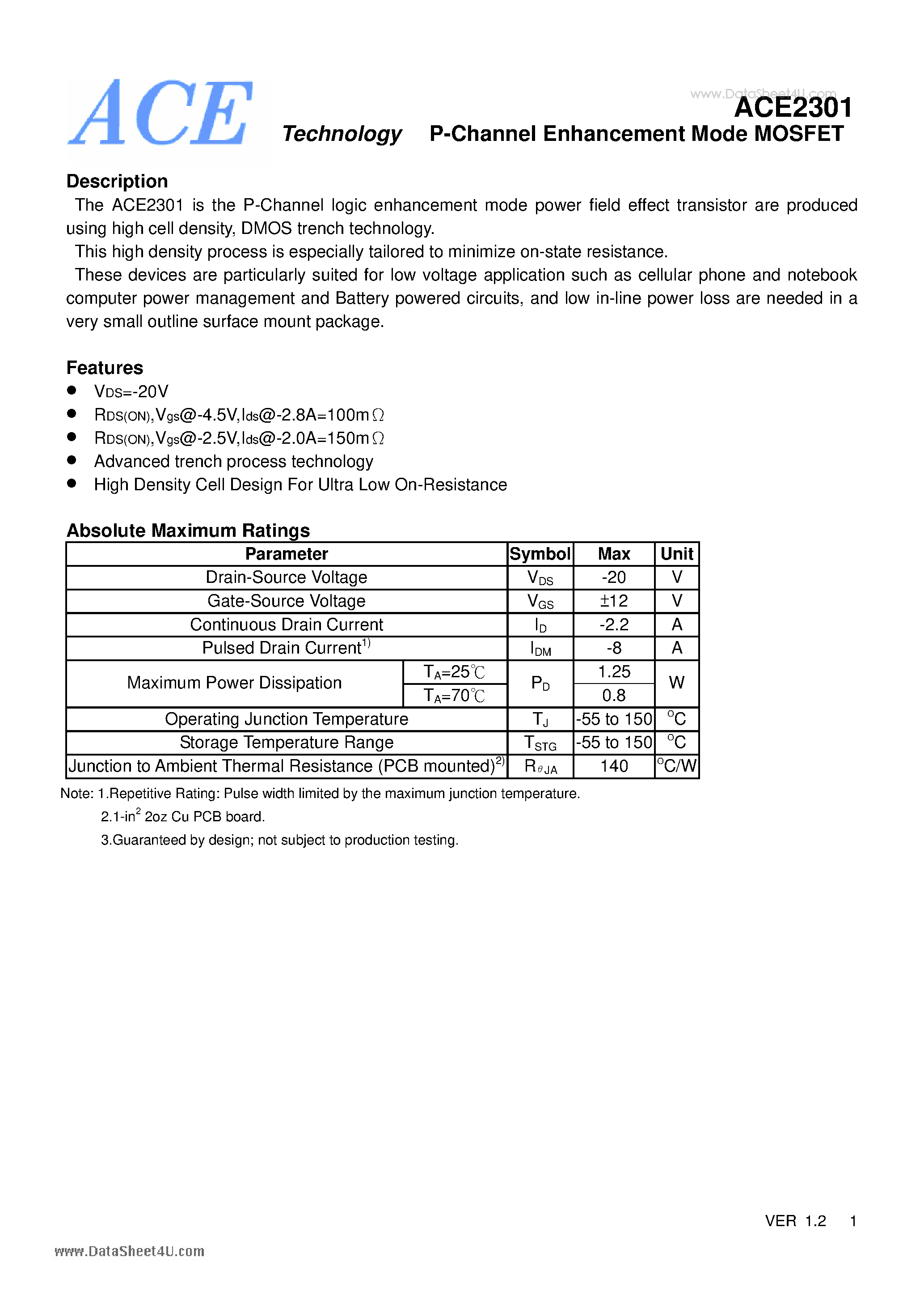 Datasheet ACE2301 - P-Channel Enhancement Mode MOSFET page 1