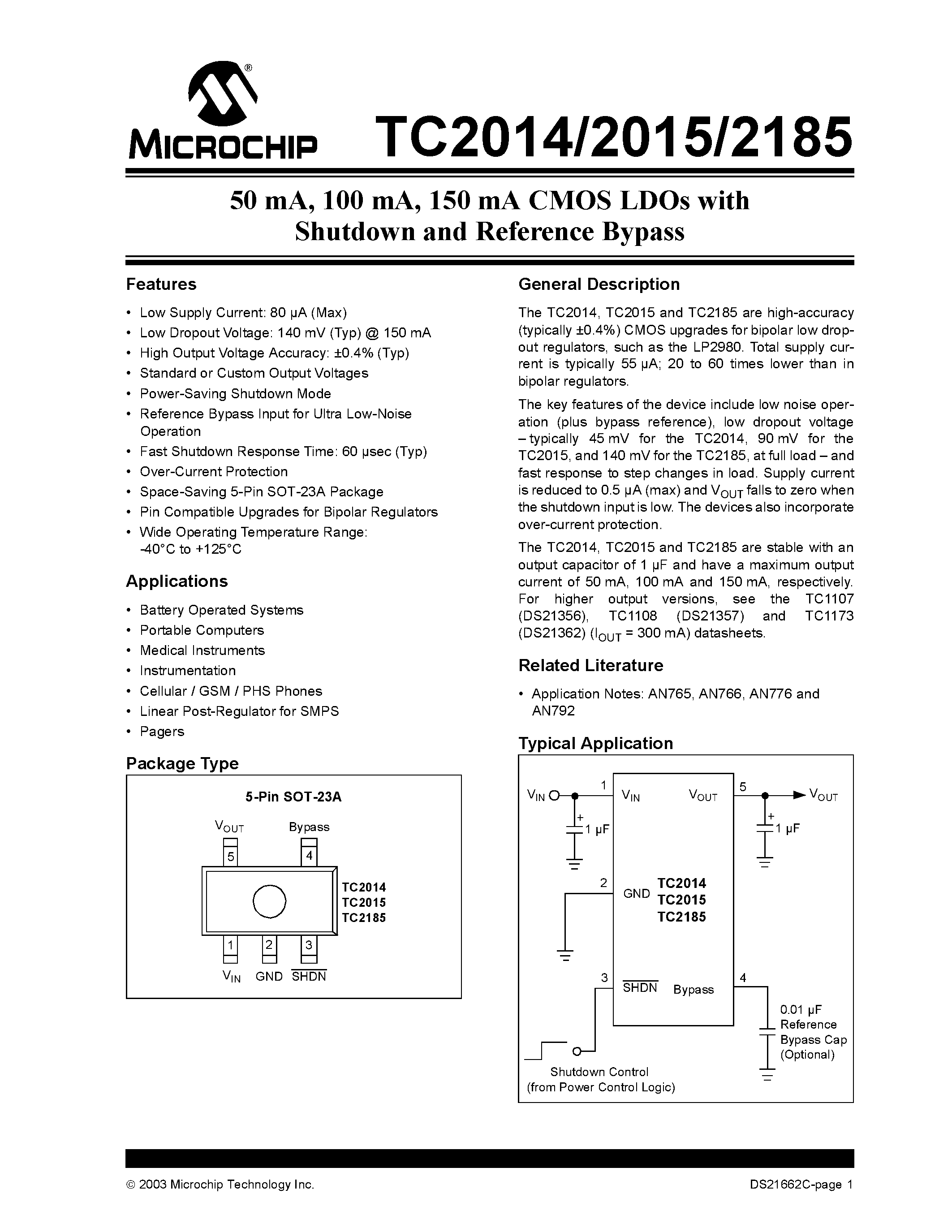 Даташит TC2014 - (TC2xxx) 50 mA / 100 mA / 150 mA CMOS LDOs with Shutdown and Reference Bypass страница 1
