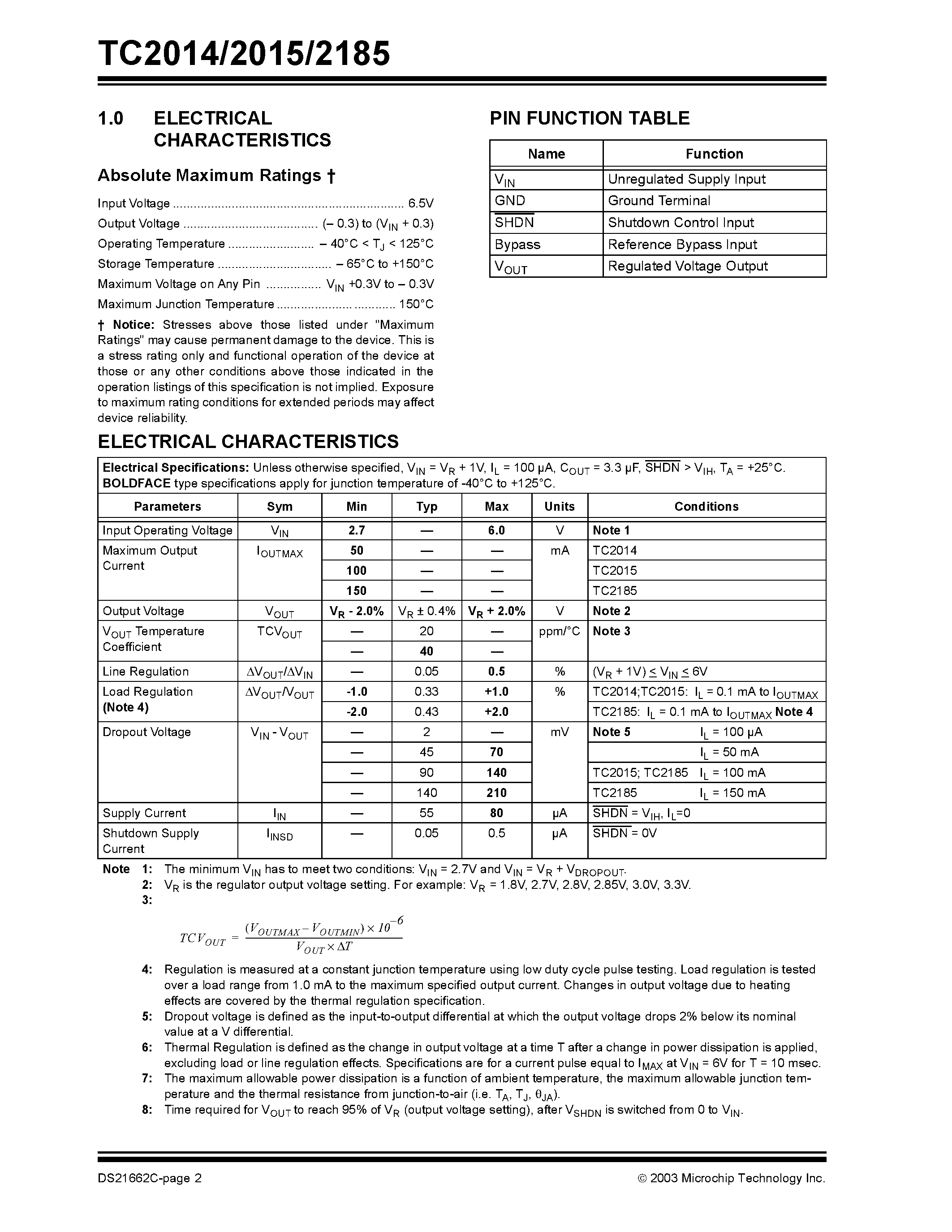 Даташит TC2014 - (TC2xxx) 50 mA / 100 mA / 150 mA CMOS LDOs with Shutdown and Reference Bypass страница 2