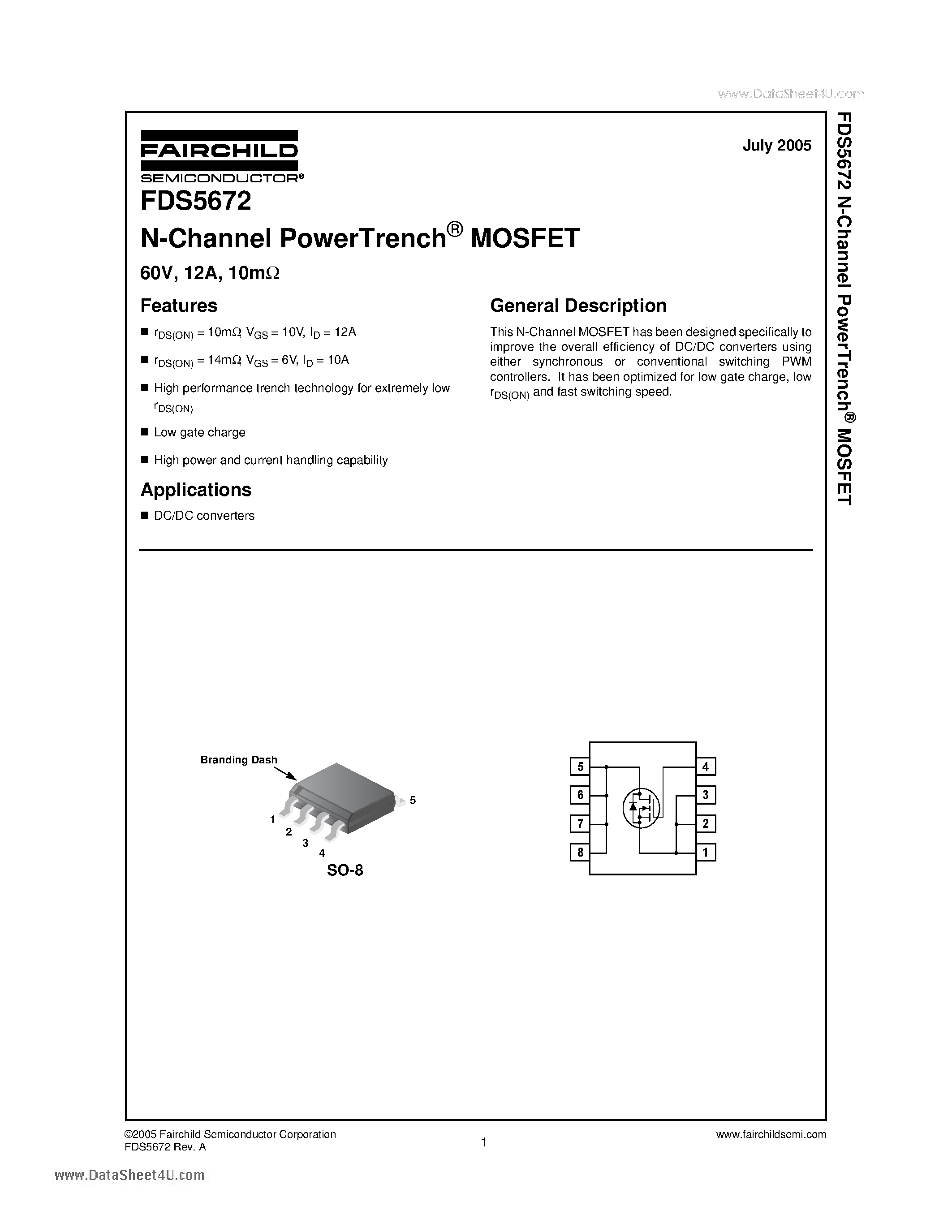 Datasheet FDS5672 - N-Channel PowerTrench MOSFET page 1