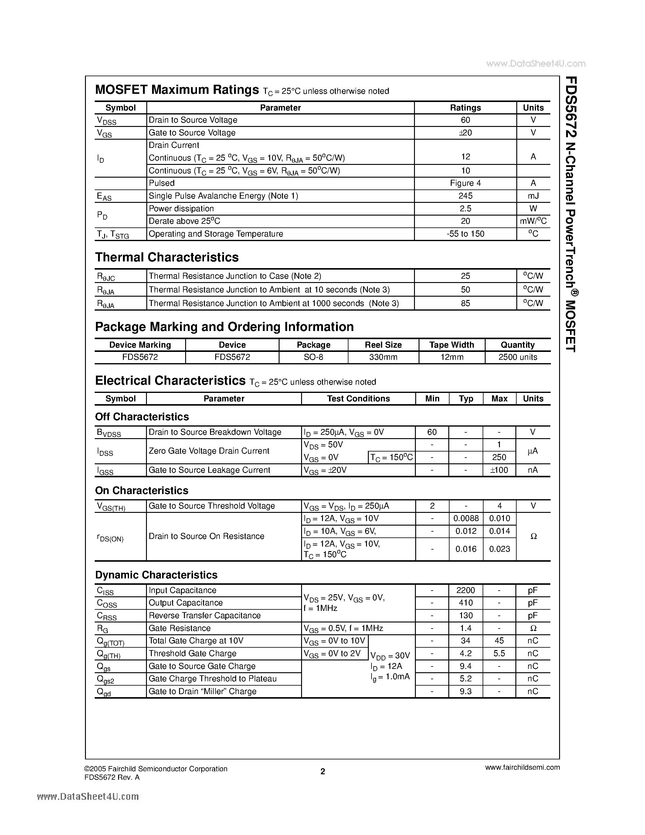 Datasheet FDS5672 - N-Channel PowerTrench MOSFET page 2