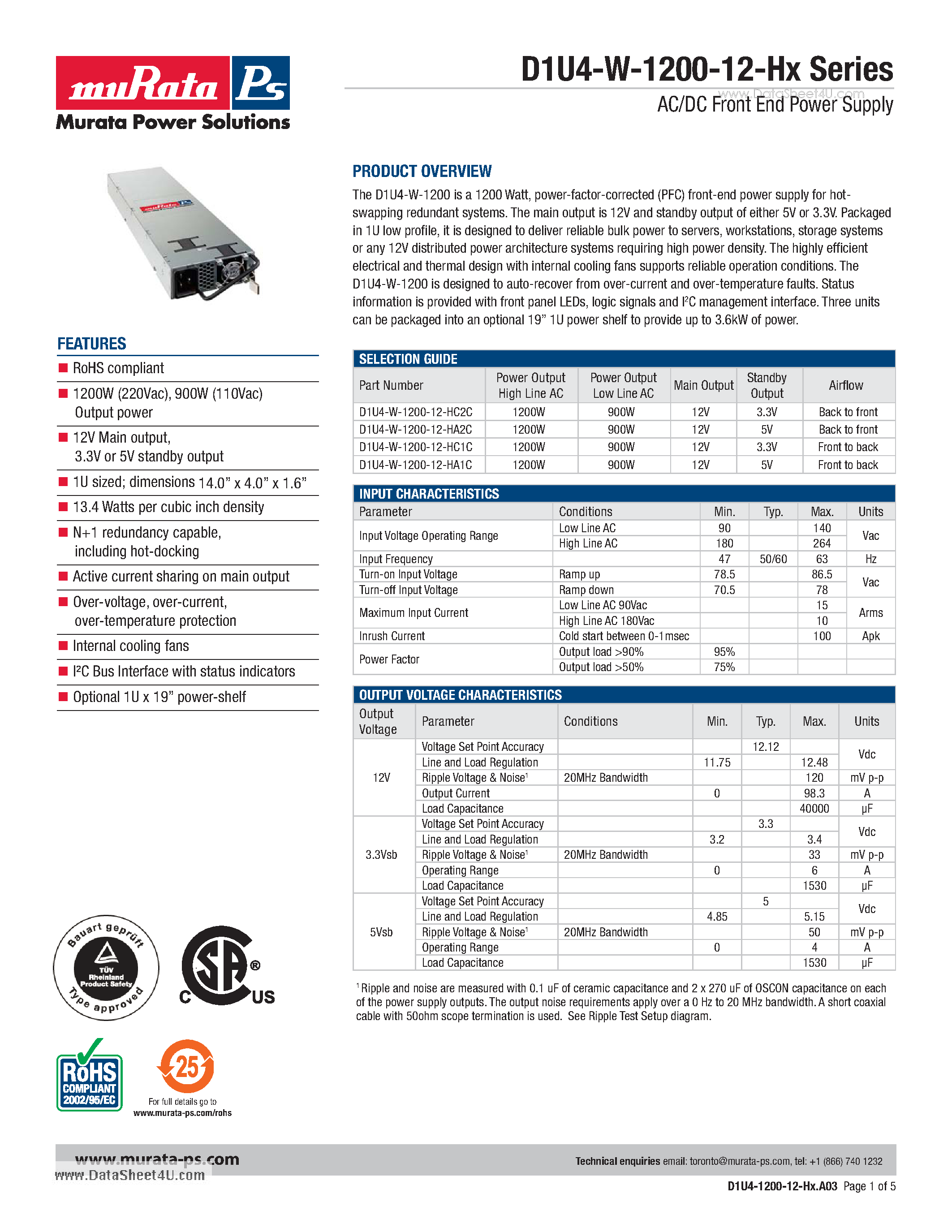 Datasheet D1U4-W-1200-12-Hx - AC/DC Front End Power Supply page 1