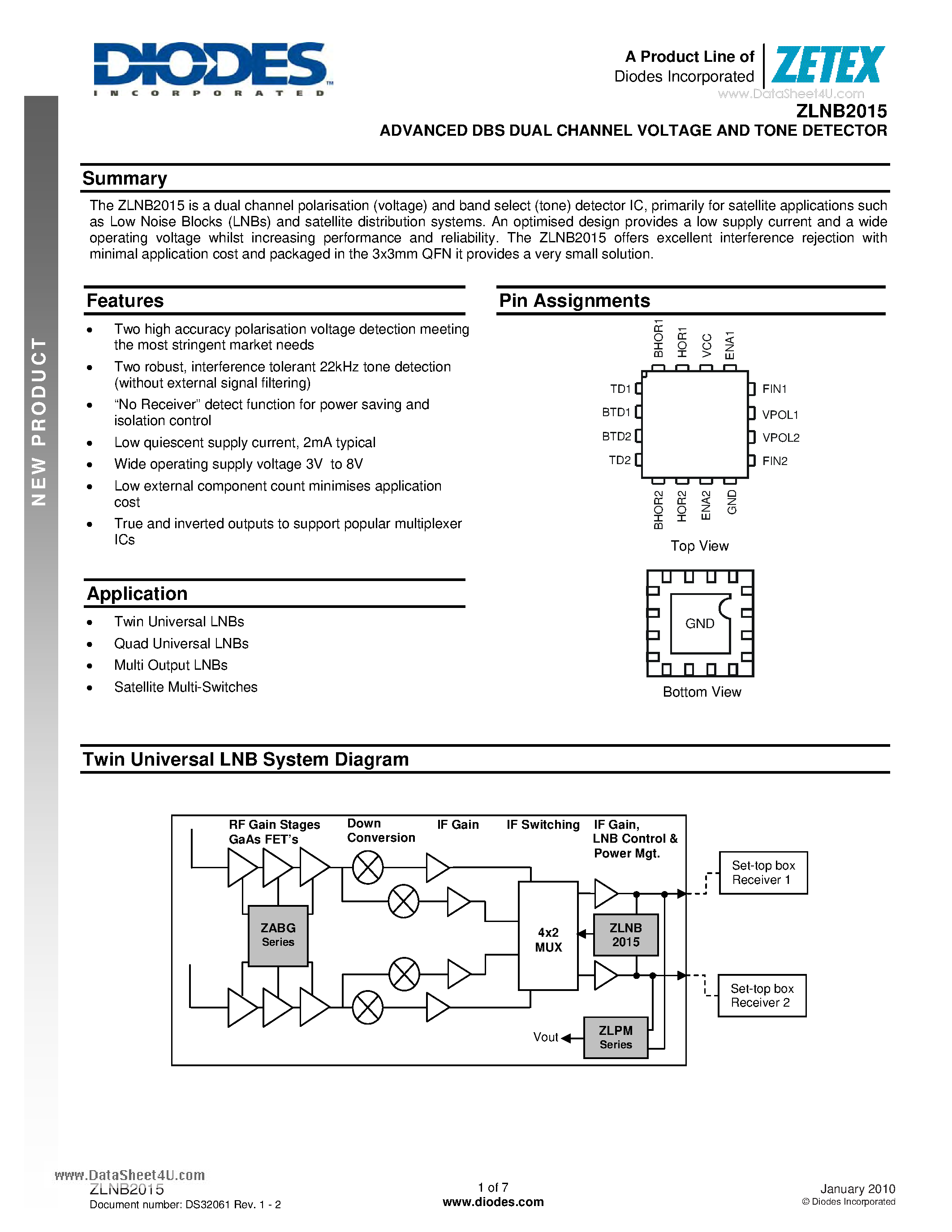 Datasheet ZLNB2015 - ADVANCED DBS DUAL CHANNEL VOLTAGE AND TONE DETECTOR page 1