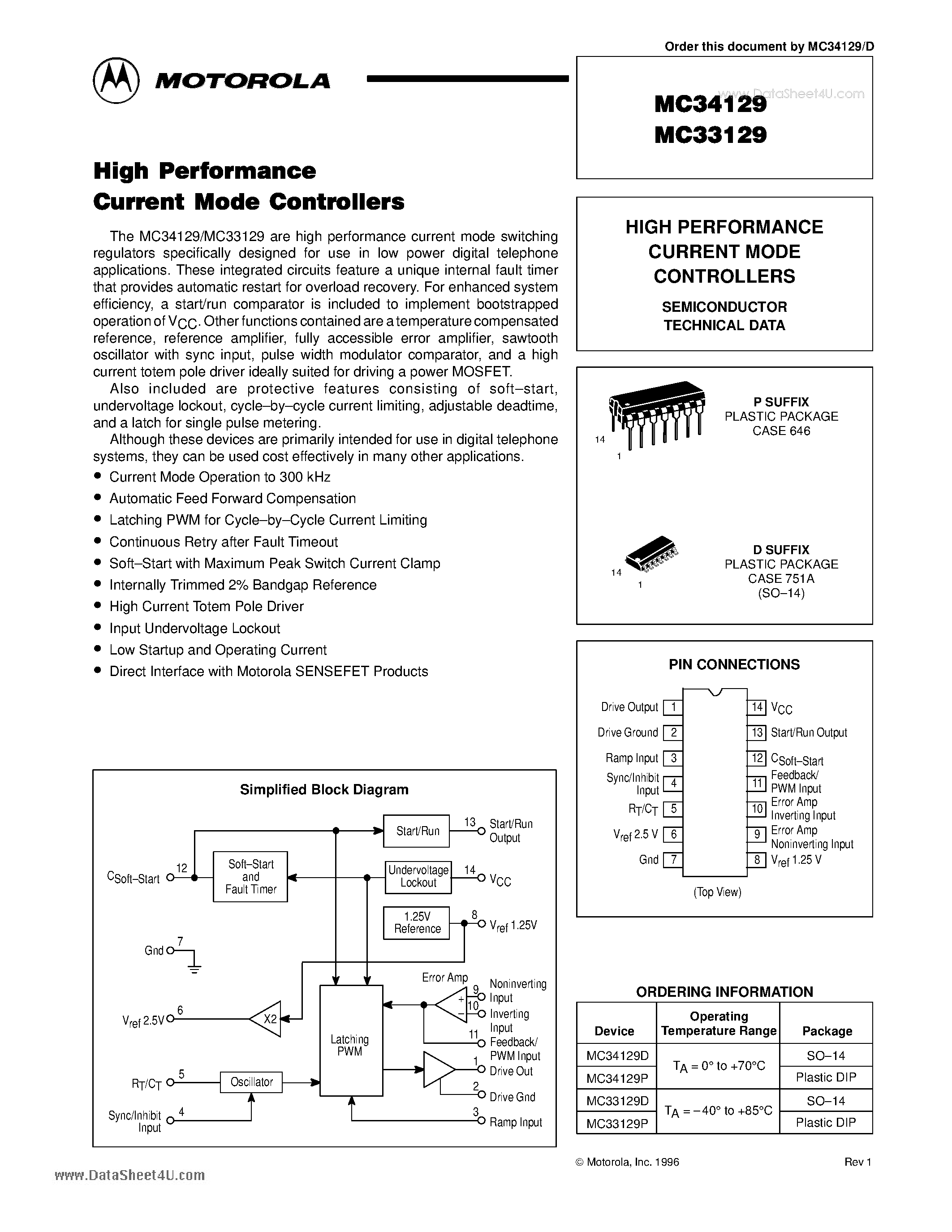 Даташит MC34129 - (MC33129 / MC34129) High Performance Current Mode Controller страница 1