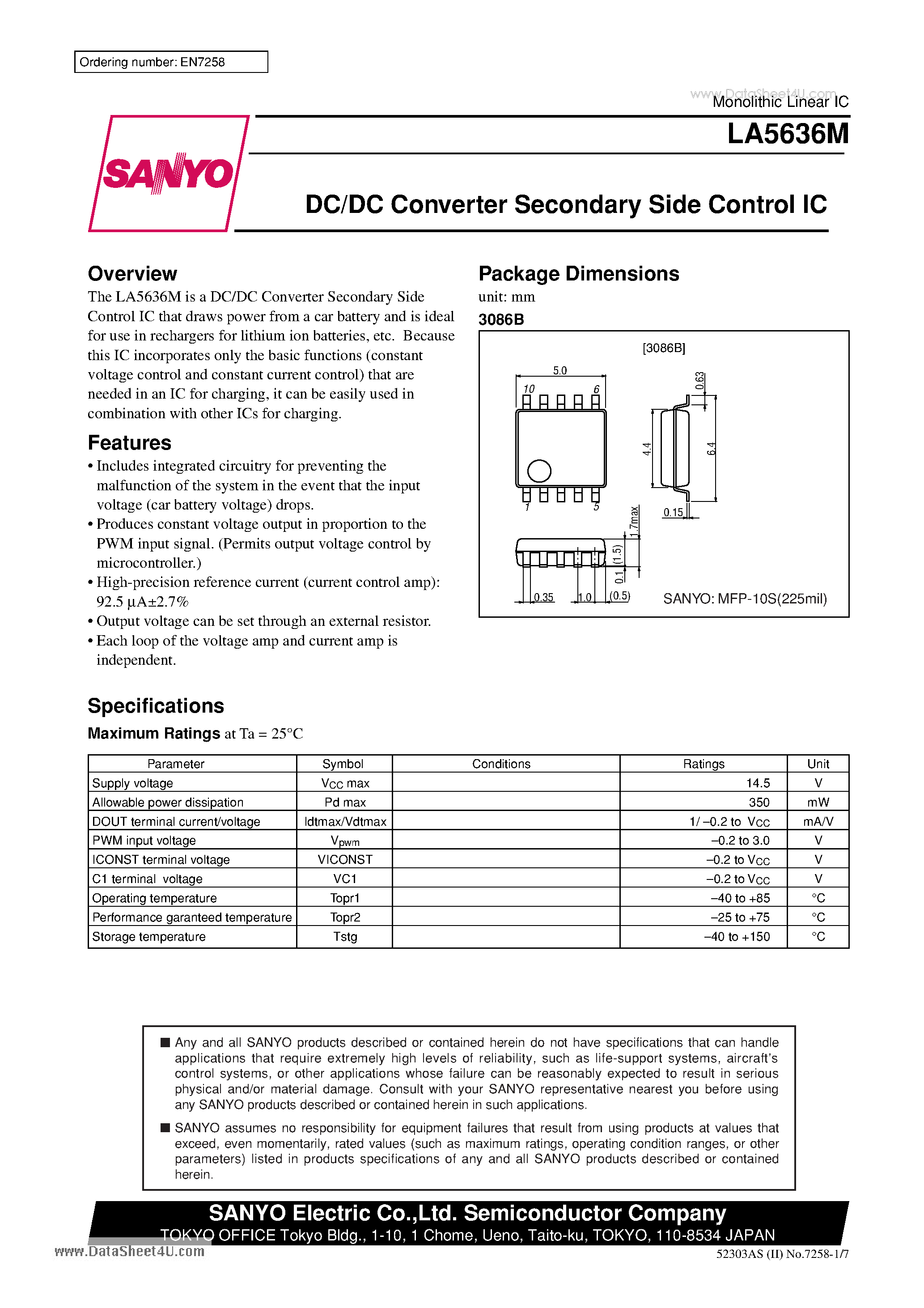 Даташит LA5636M - DC/DC Converter Secondary Side Control IC страница 1