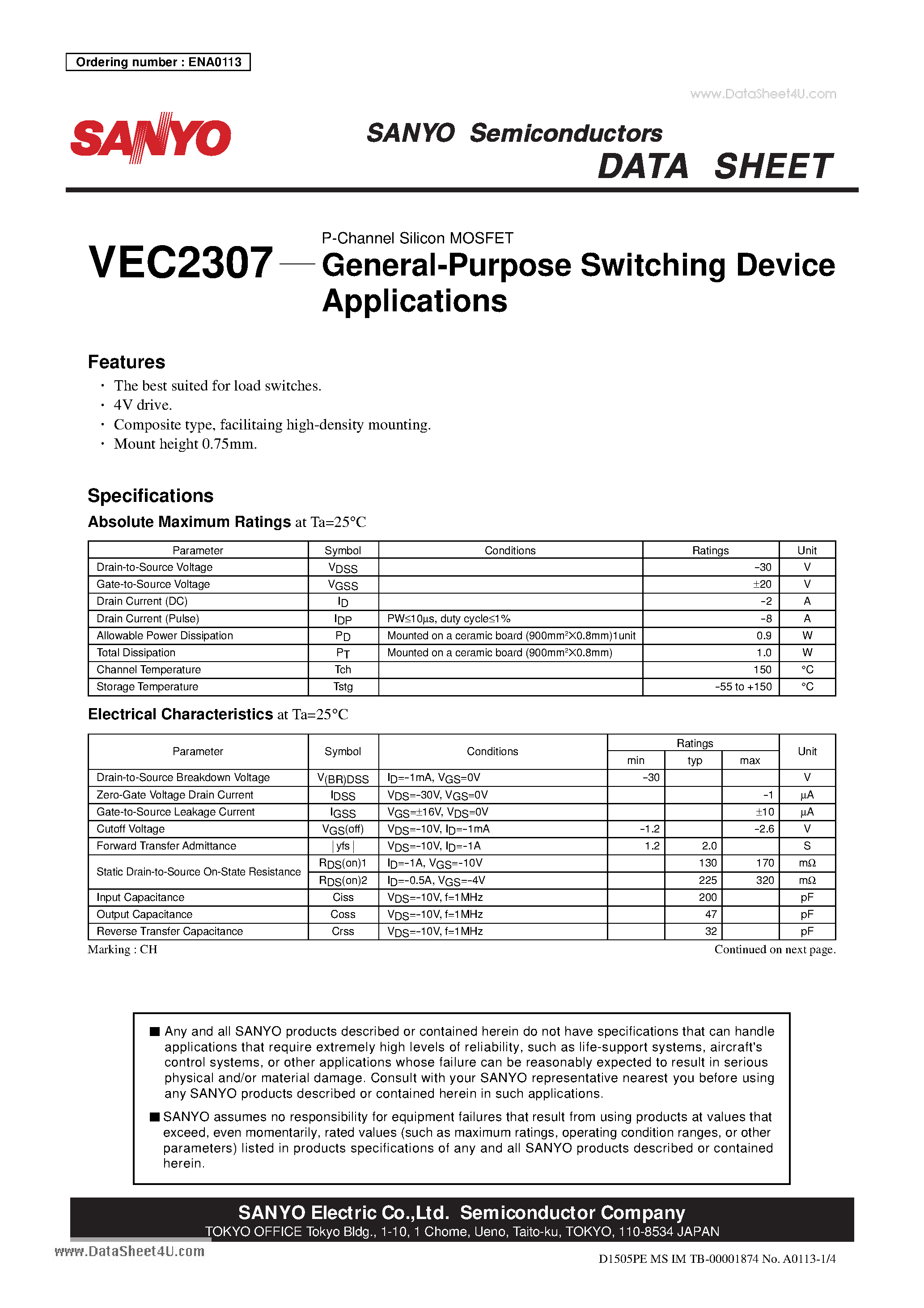 Даташит VEC2307 - P-Channel Silicon MOSFET General-Purpose Switching Device страница 1