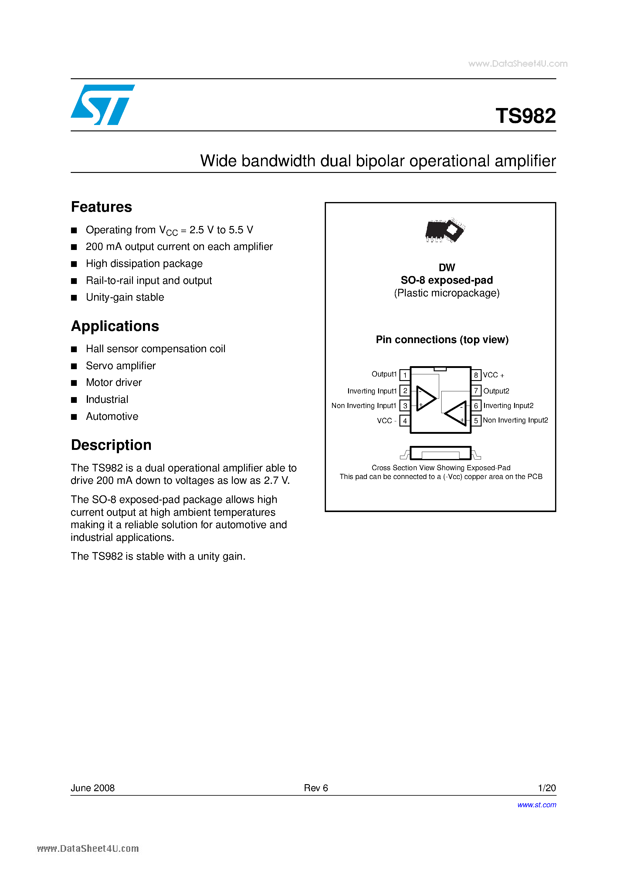 Даташит TS982 - Wide bandwidth dual bipolar operational amplifier страница 1