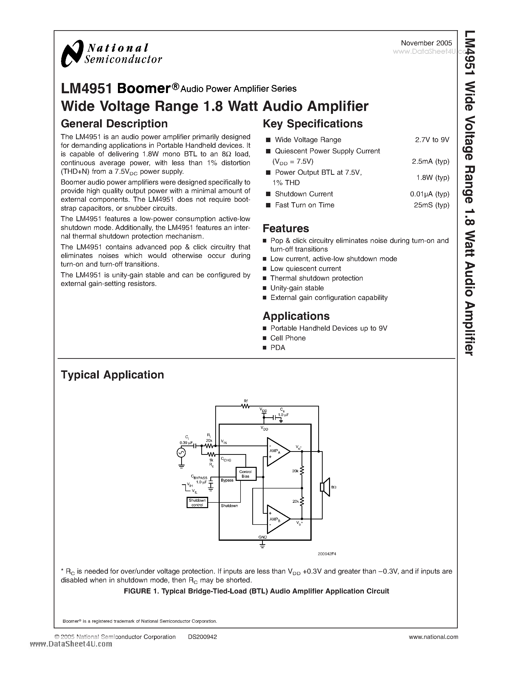 Даташит LM4951 - Wide Voltage Range 1.8 Watt Audio Amplifier страница 1