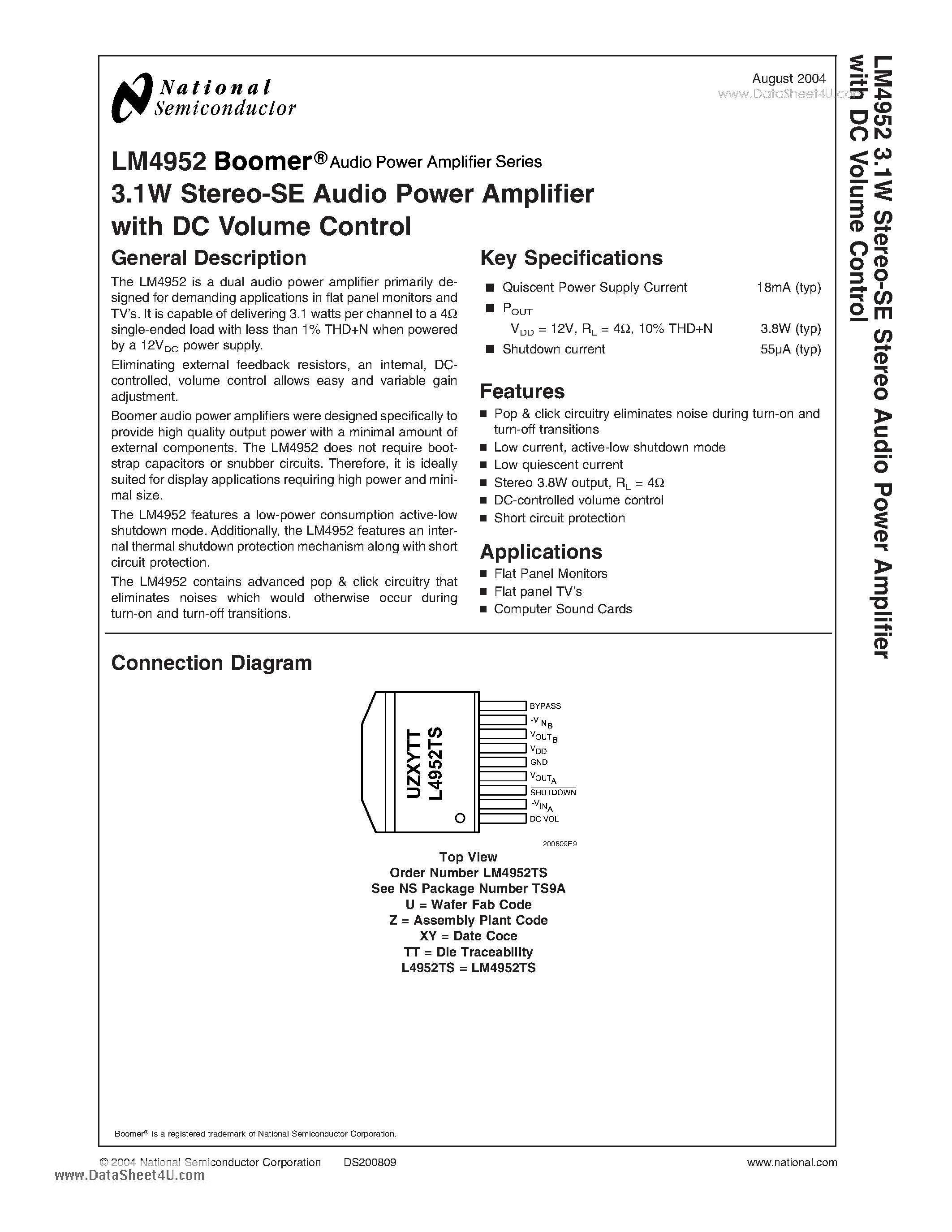 Даташит LM4952 - 3.1W Stereo-SE Audio Power Amplifier страница 1
