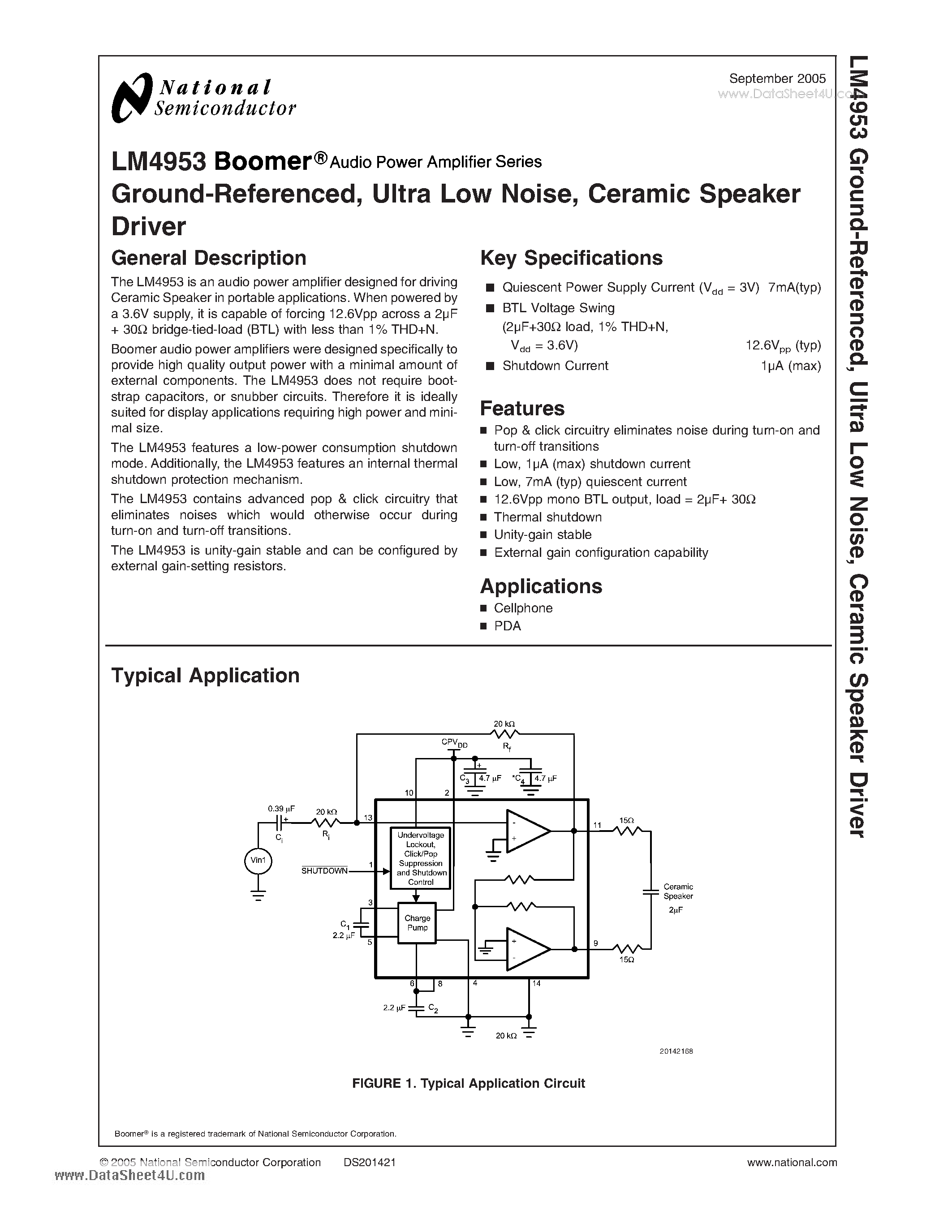Datasheet LM4953 - Ground-Referenced Ultra Low Noise / Ceramic Speaker Driver page 1