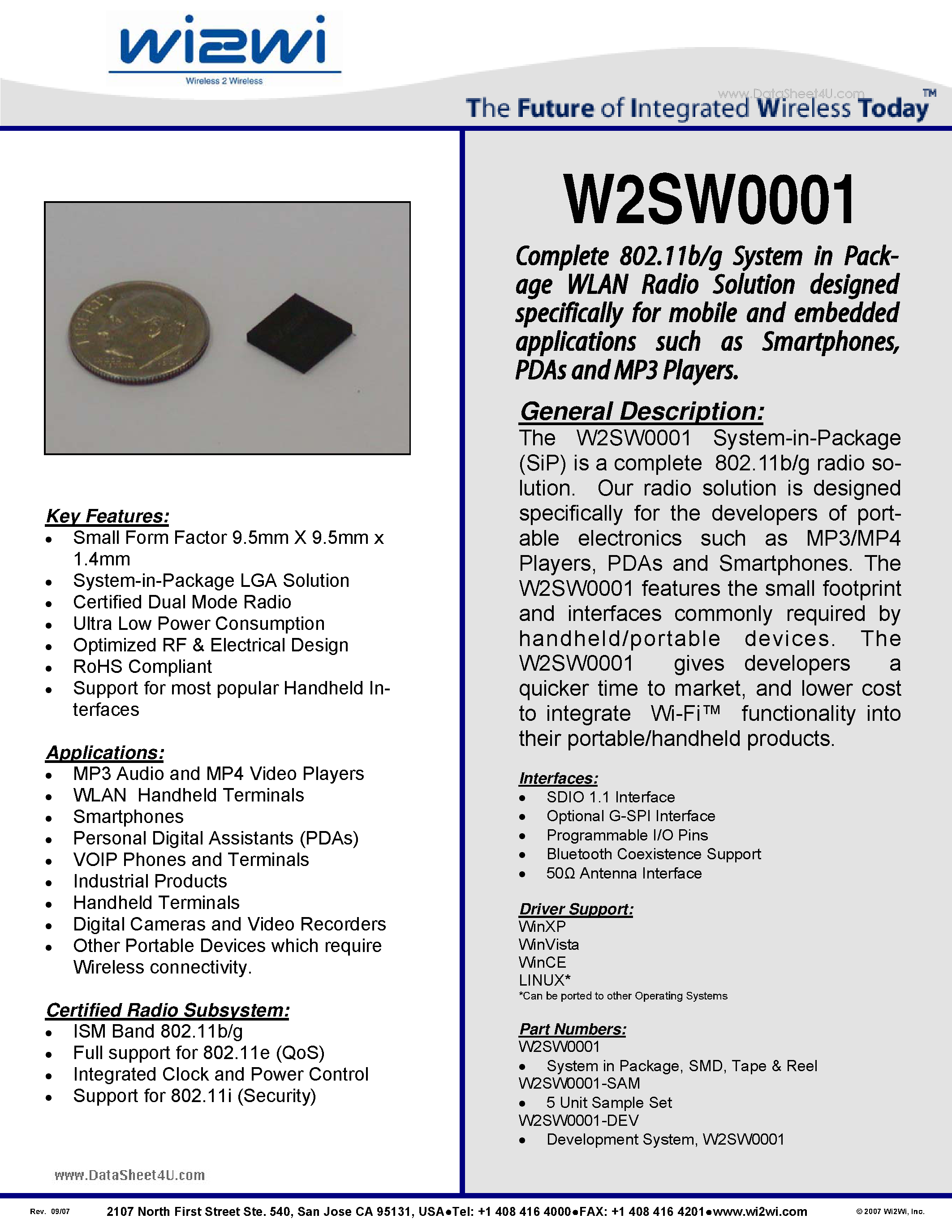 Datasheet W2SW0001 - Complete 802.11b/g System page 1