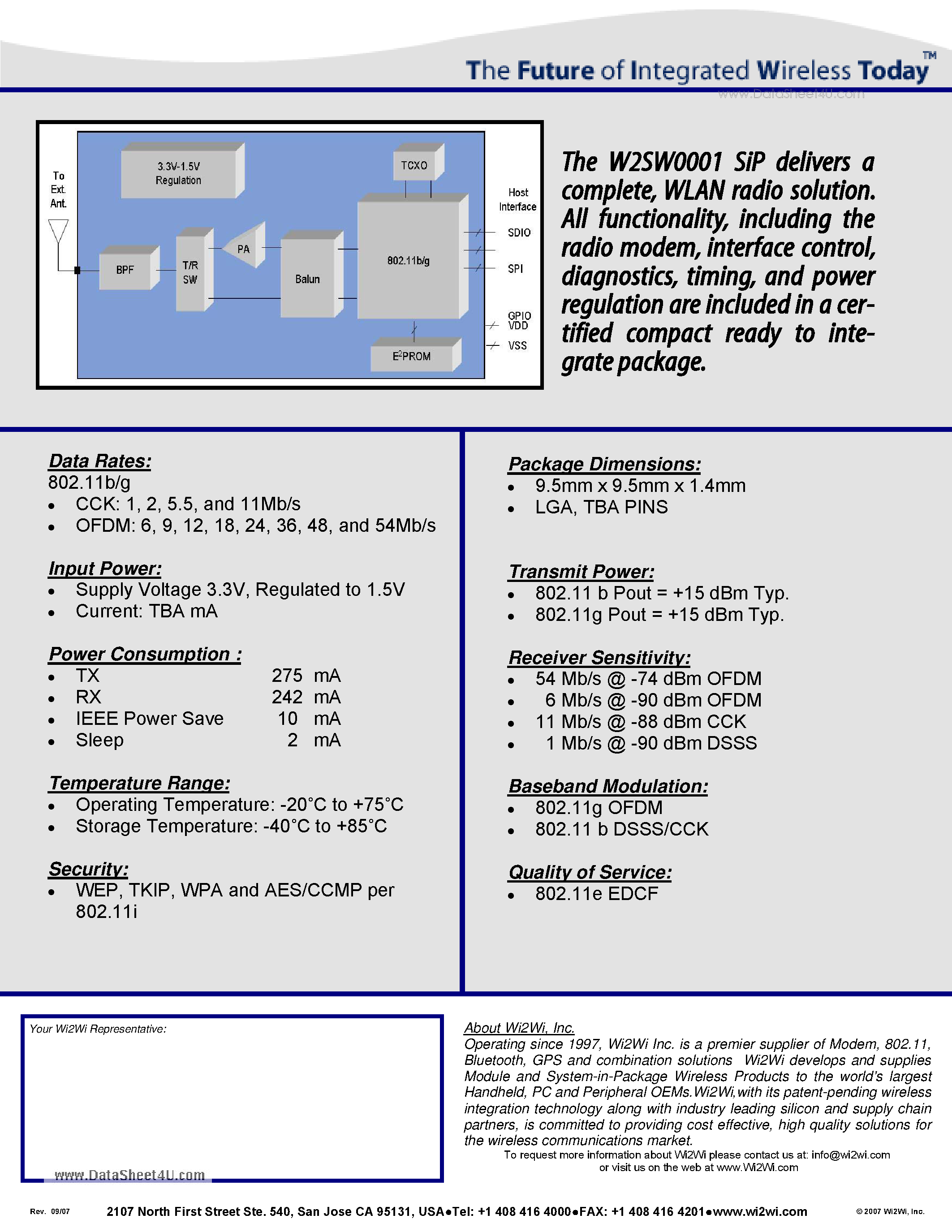 Datasheet W2SW0001 - Complete 802.11b/g System page 2
