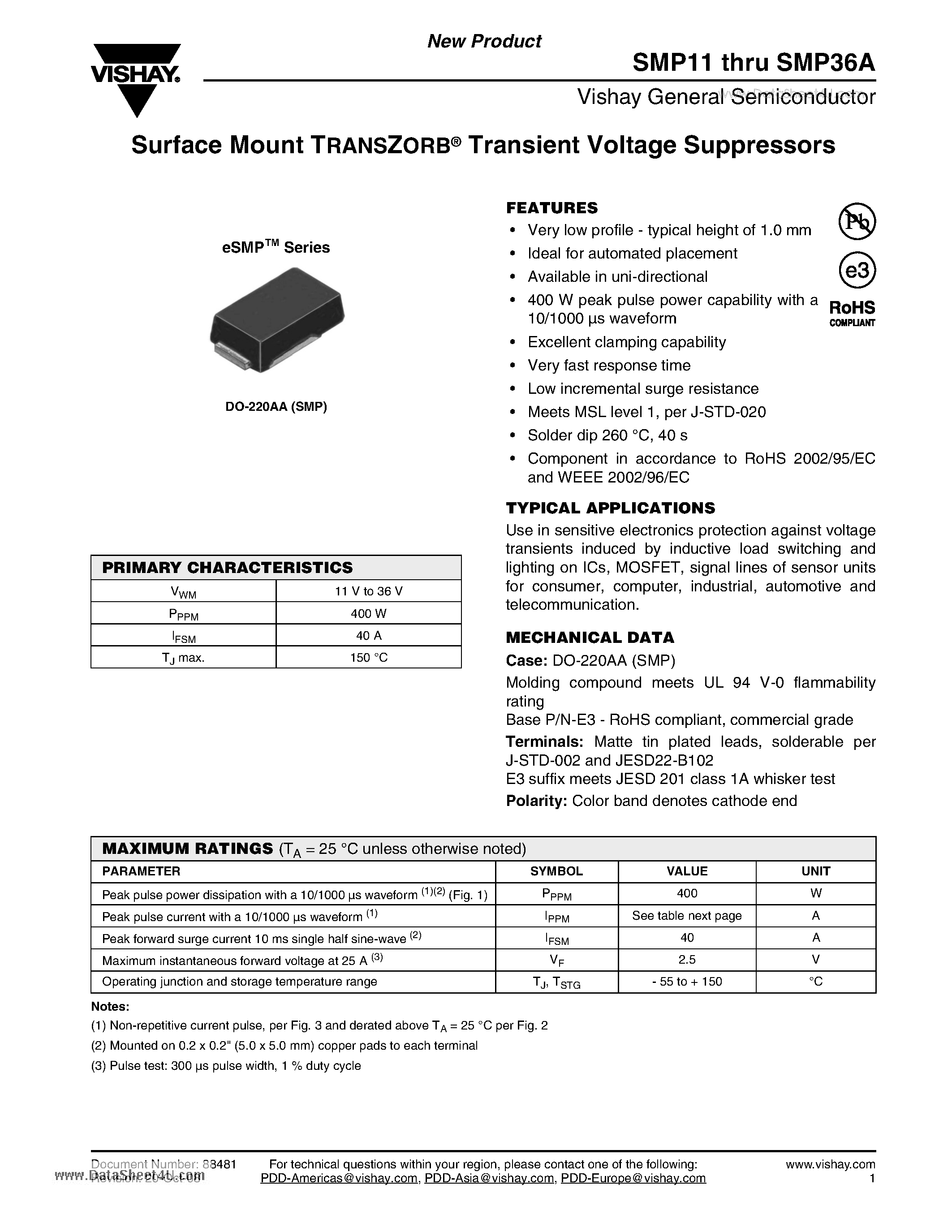 Даташит SMP11 - (SMPxx) Transient Voltage Suppressors страница 1