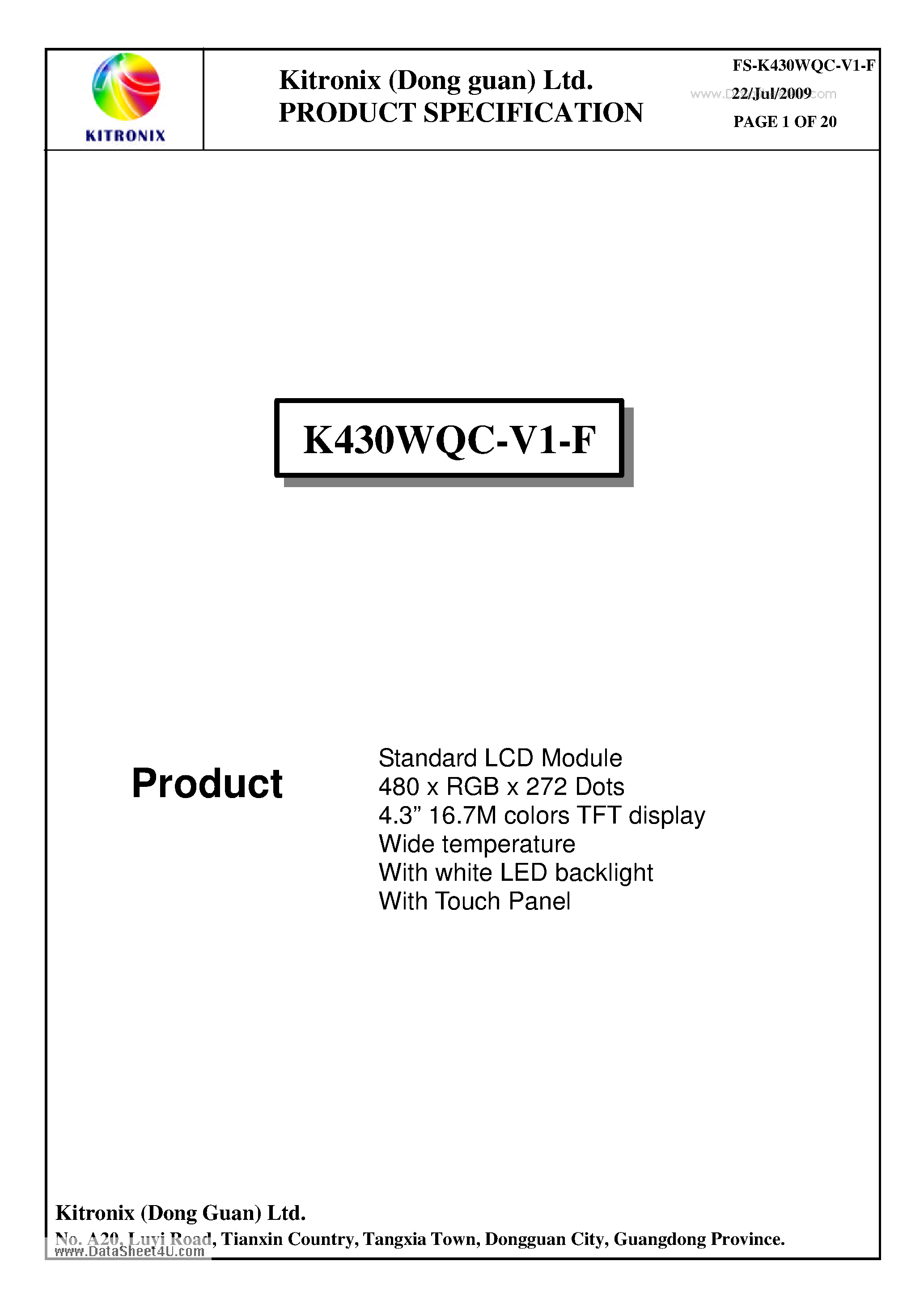 Datasheet K430WQC-V1-F - Standard LCD Module page 2