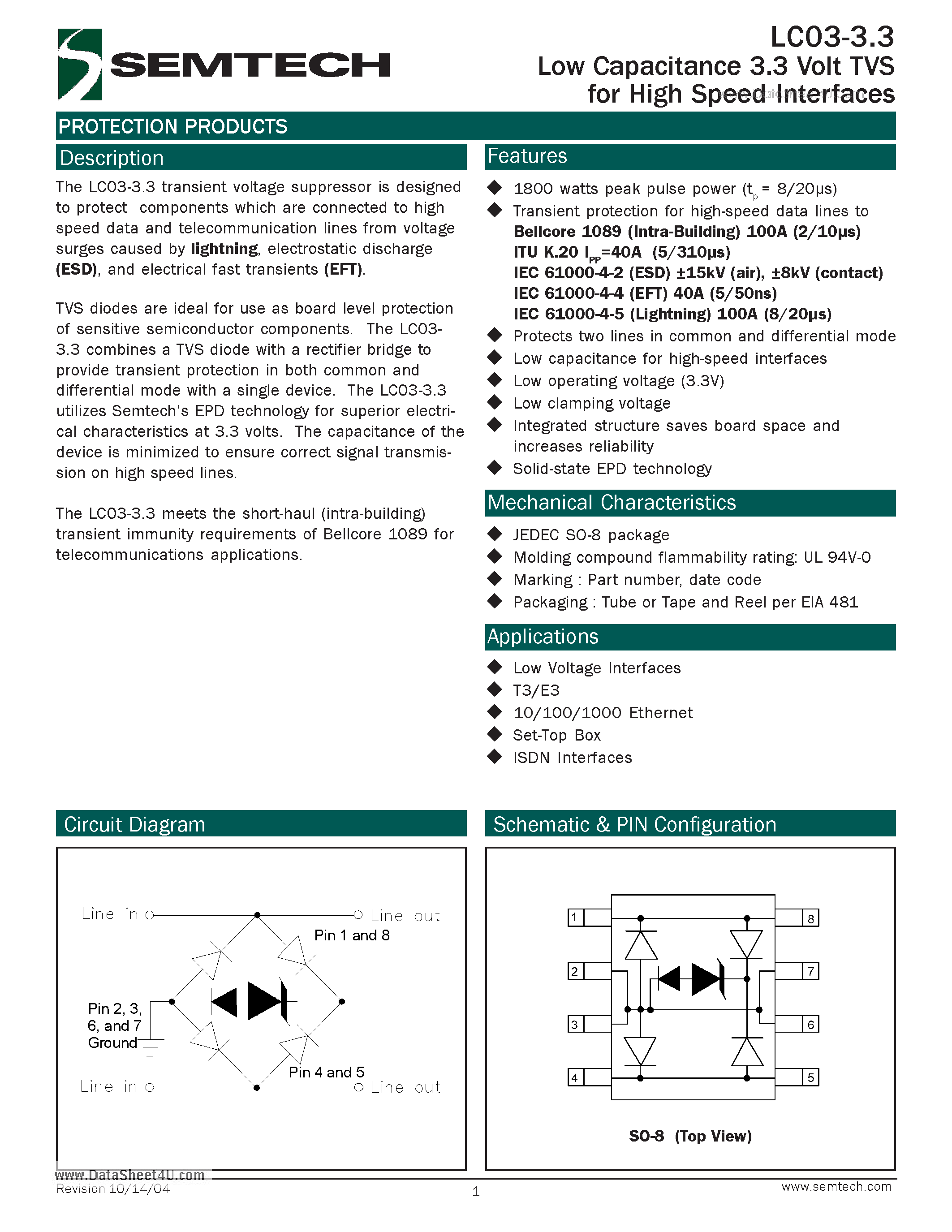 Даташит LC03-3.3 - Low Capacitance 3.3 Volt TVS страница 1