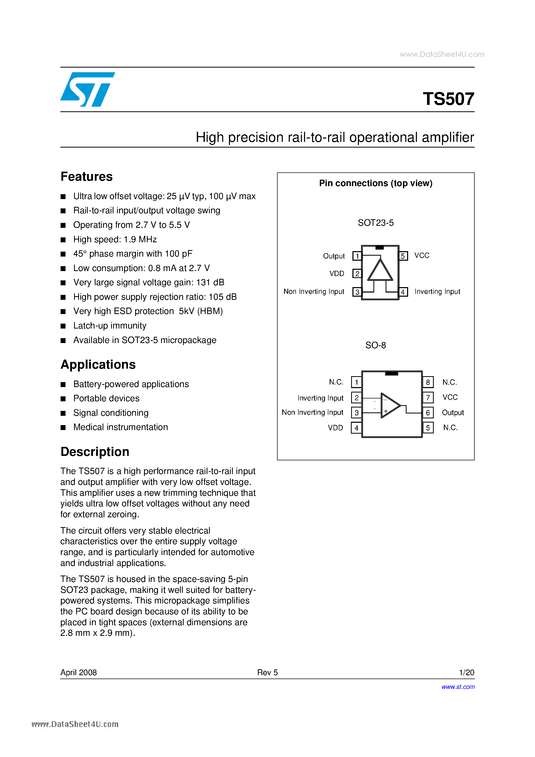 Даташит TS507 - High precision rail-to-rail operational amplifier страница 1