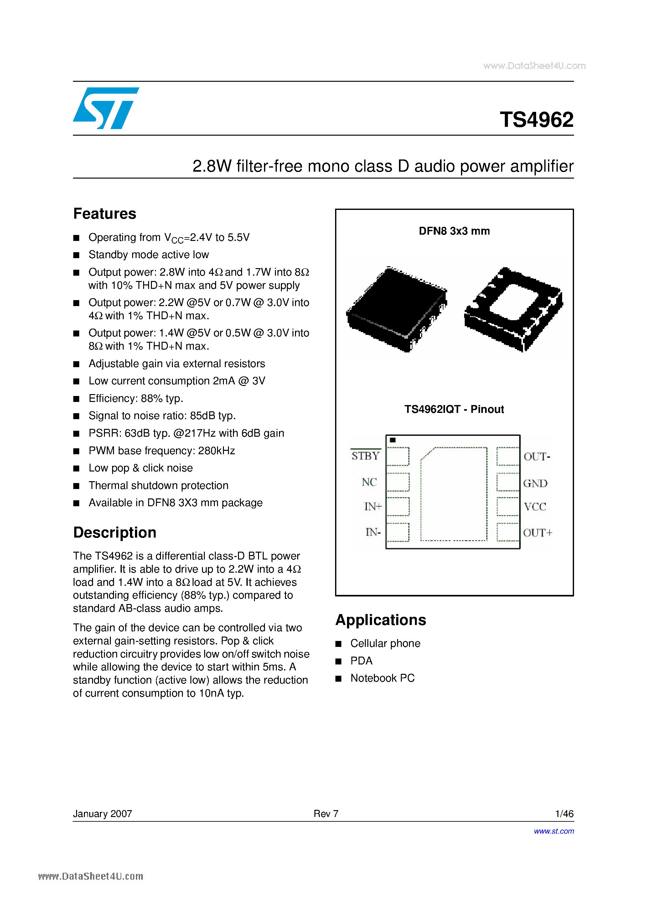 Даташит TS4962 - 2.8W filter-free mono class D audio power amplifier страница 1