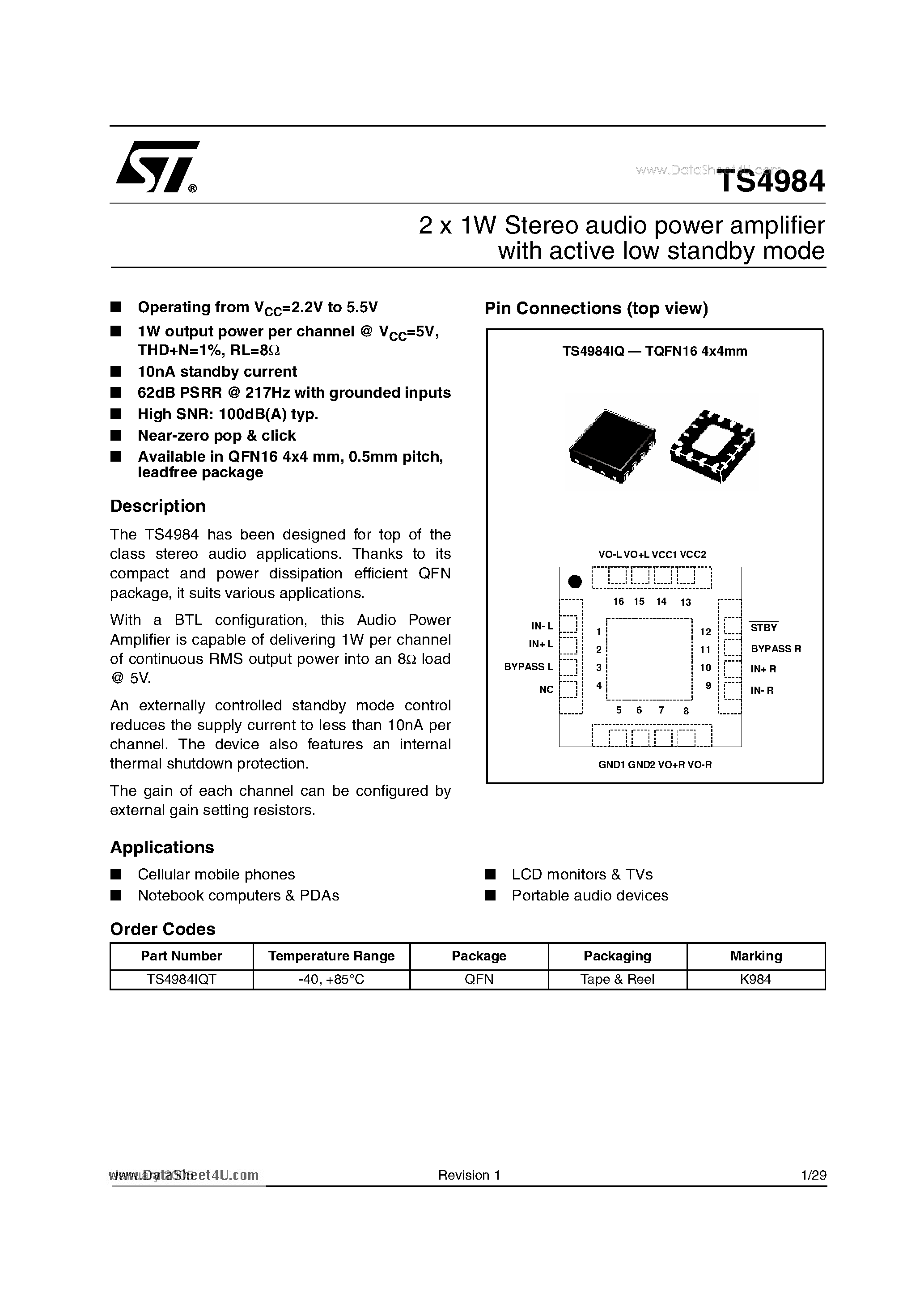 Даташит TS4984 - 2 x 1W Stereo audio power amplifier страница 1