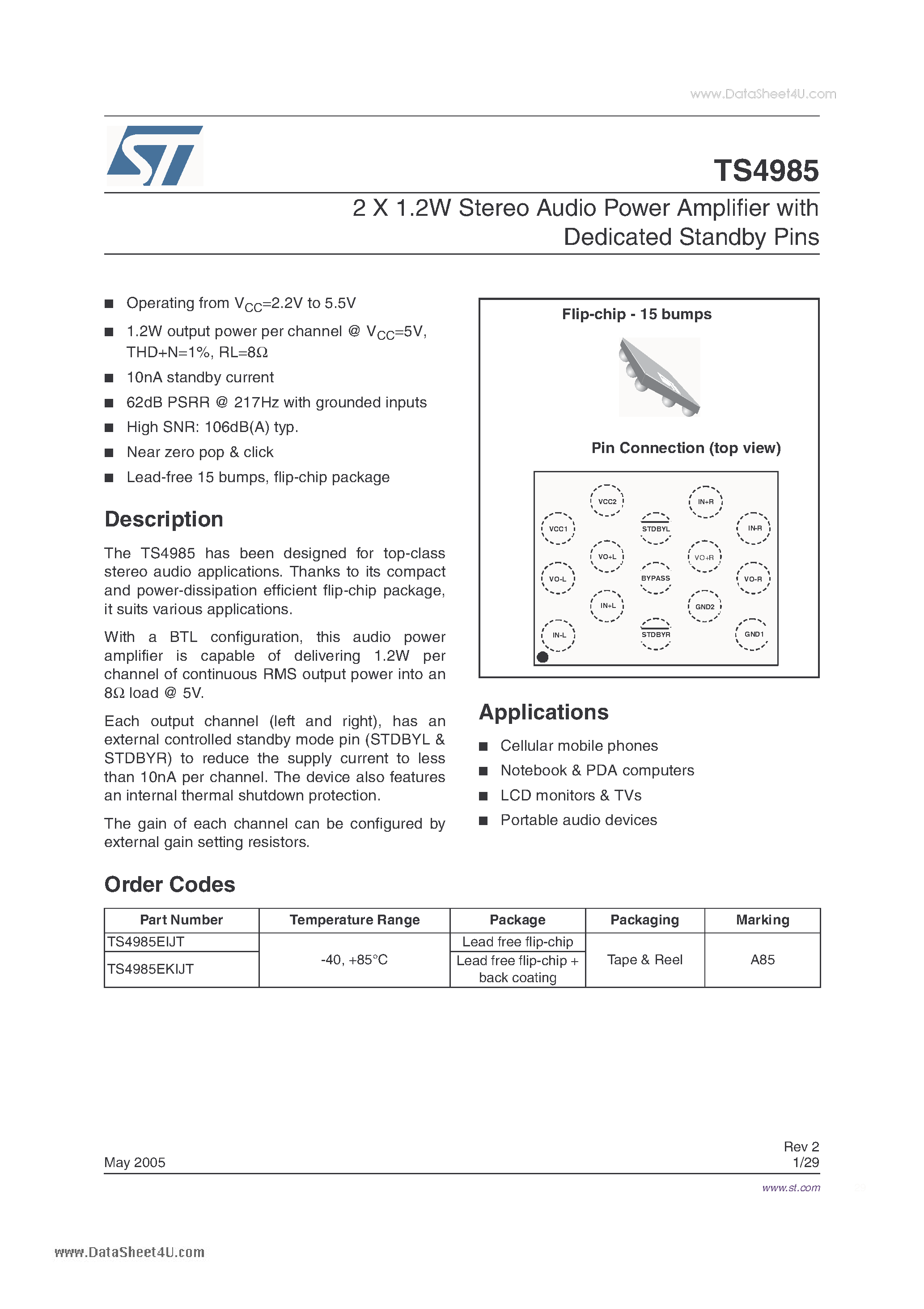 Datasheet TS4985 - 2x1.2w Stereo Audio Power Amplifier page 1
