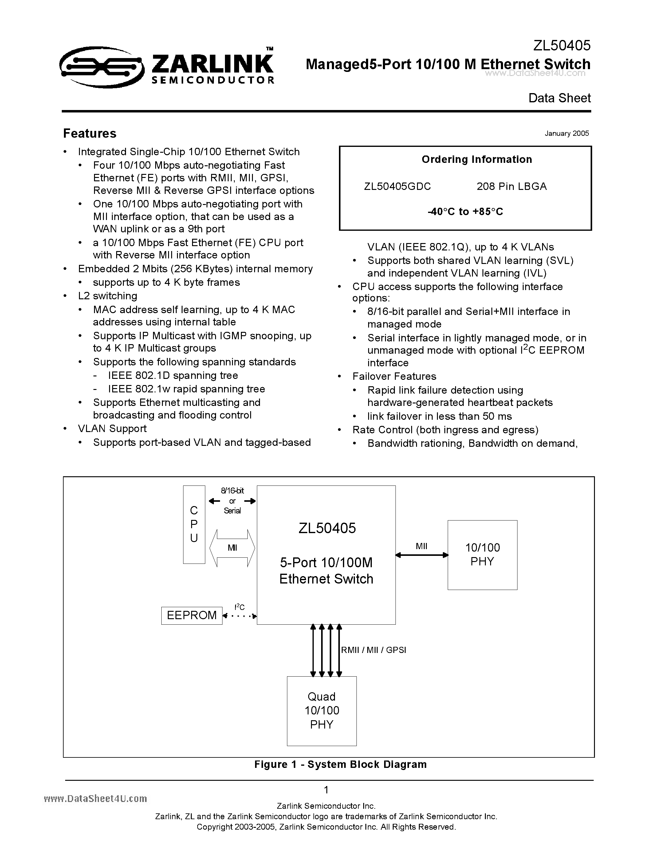Datasheet ZL50405 - Managed5-Port 10/100 M Ethernet Switch page 1