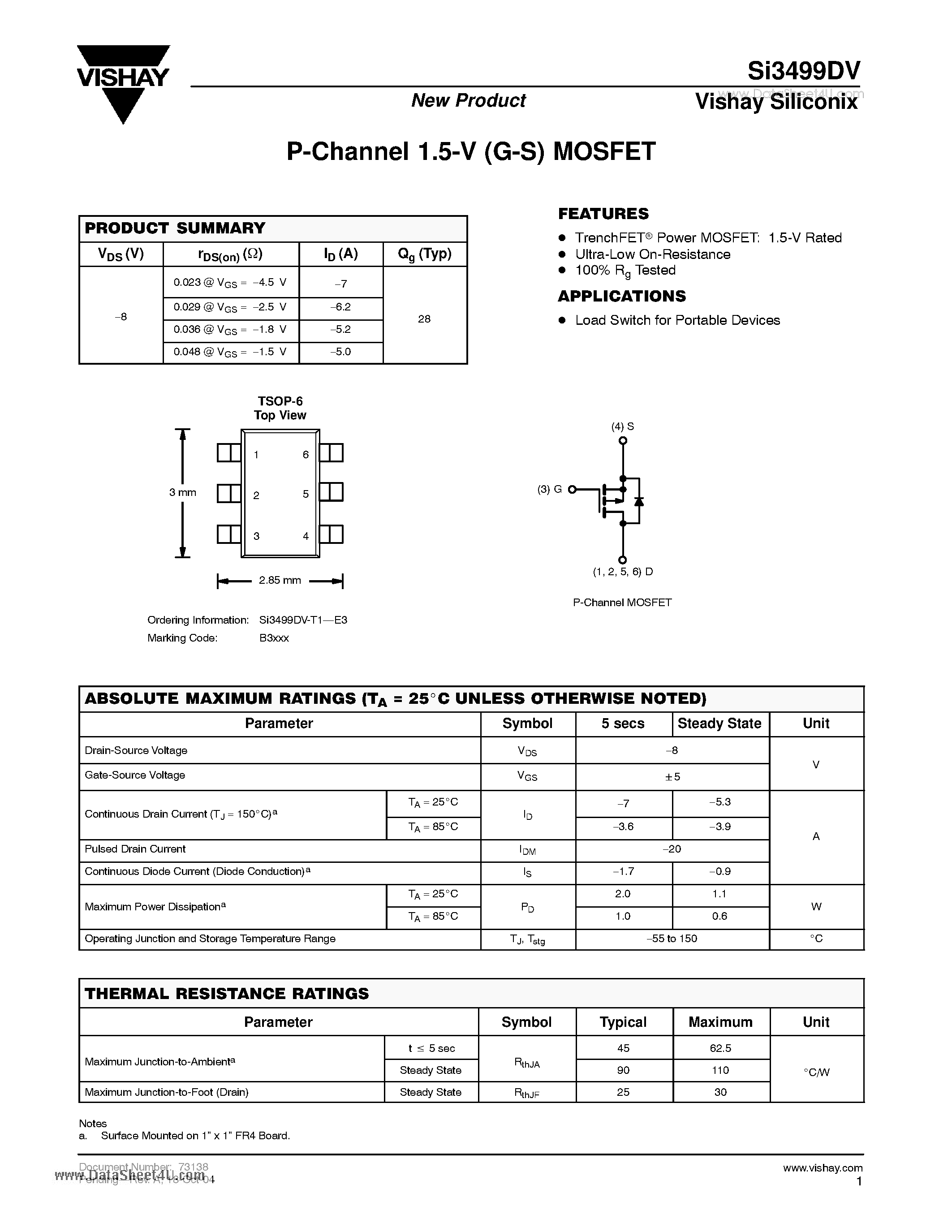Datasheet SI3499DV - P-Channel 1.5-V (G-S) MOSFET page 1