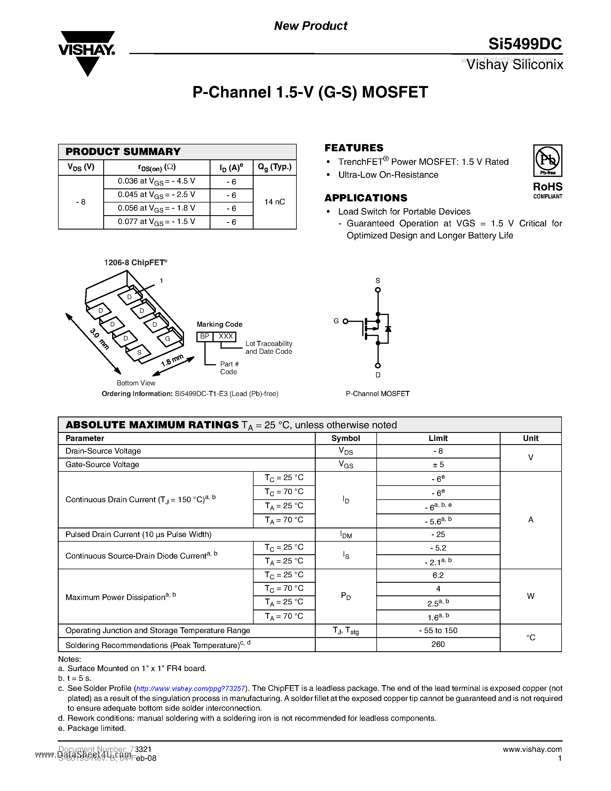 Даташит Si5499DC - P-Channel 1.5-V (G-S) MOSFET страница 1