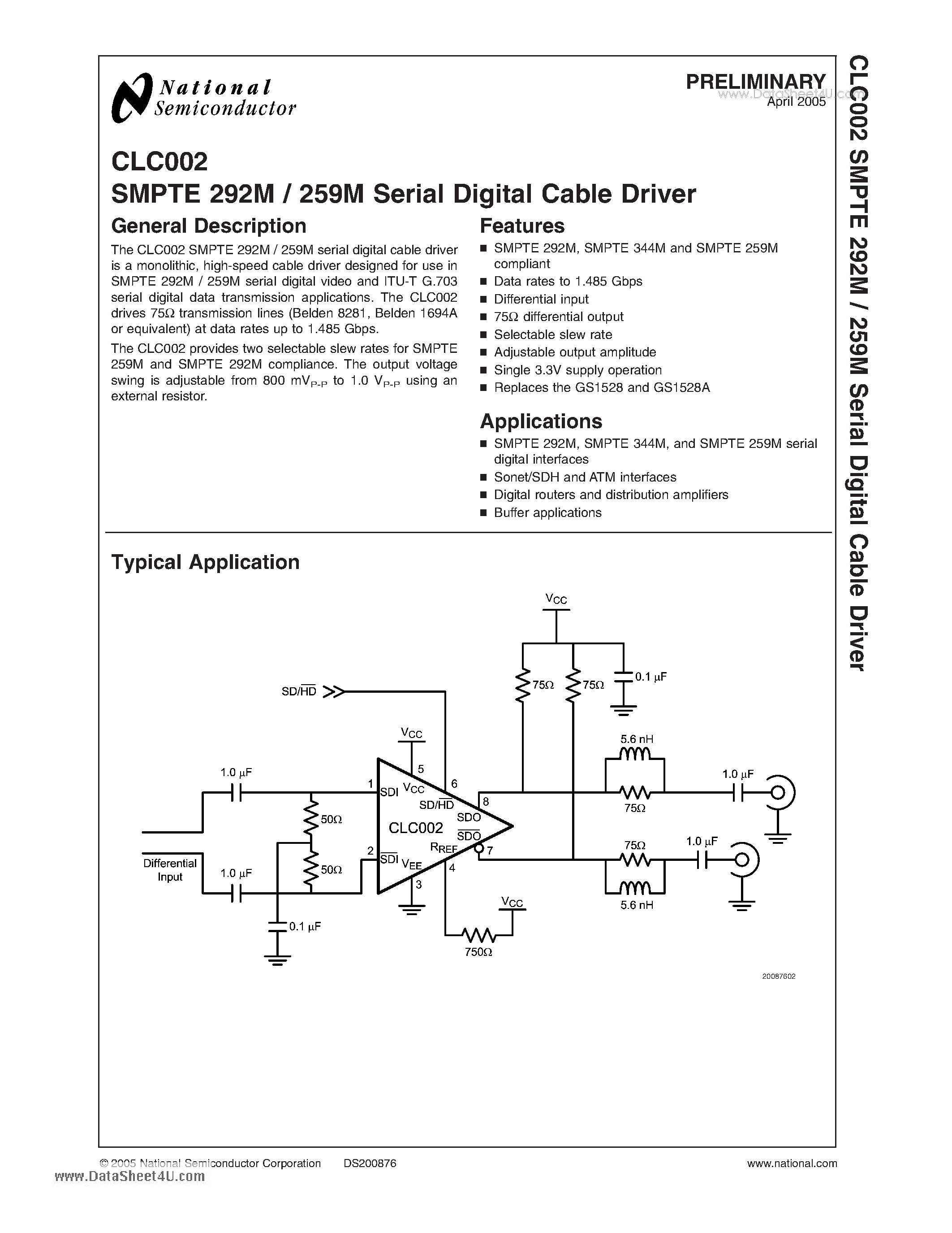 Datasheet CLC002 - SMPTE 292M / 259M Serial Digital Cable Driver page 1