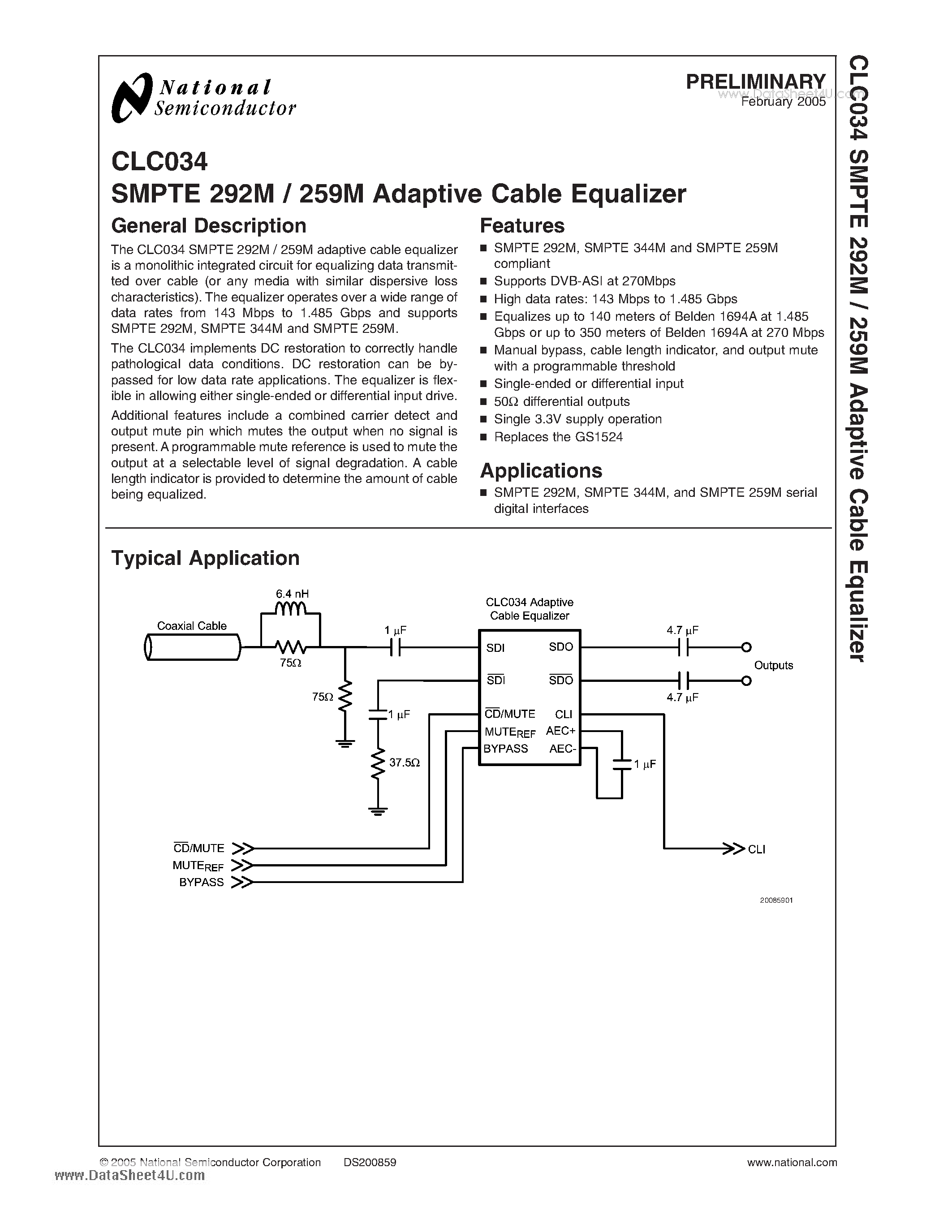 Datasheet CLC034 - SMPTE 292M / 259M Adaptive Cable Equalizer page 1