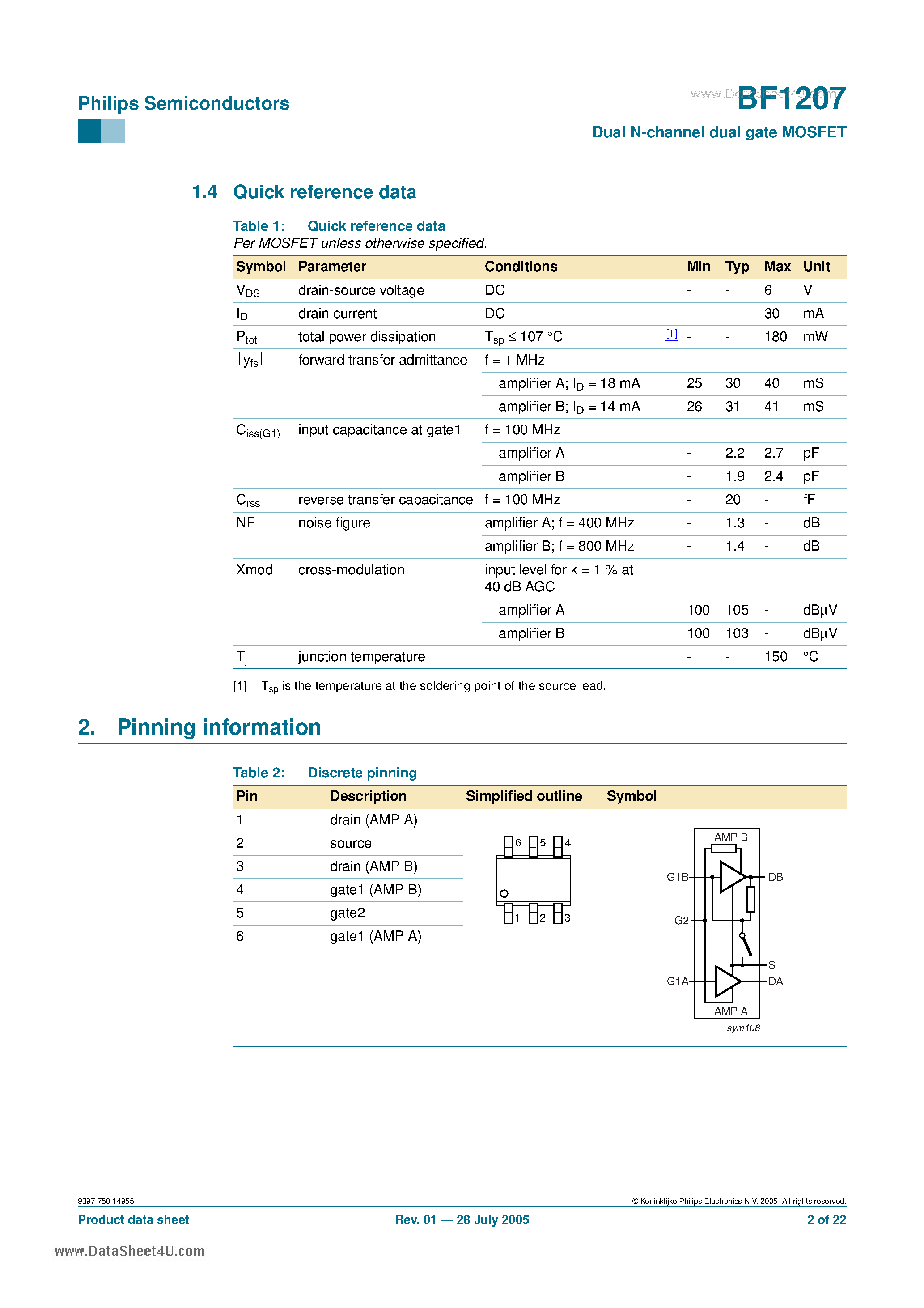 Datasheet BF1207 - Dual N-channel dual gate MOSFET page 2