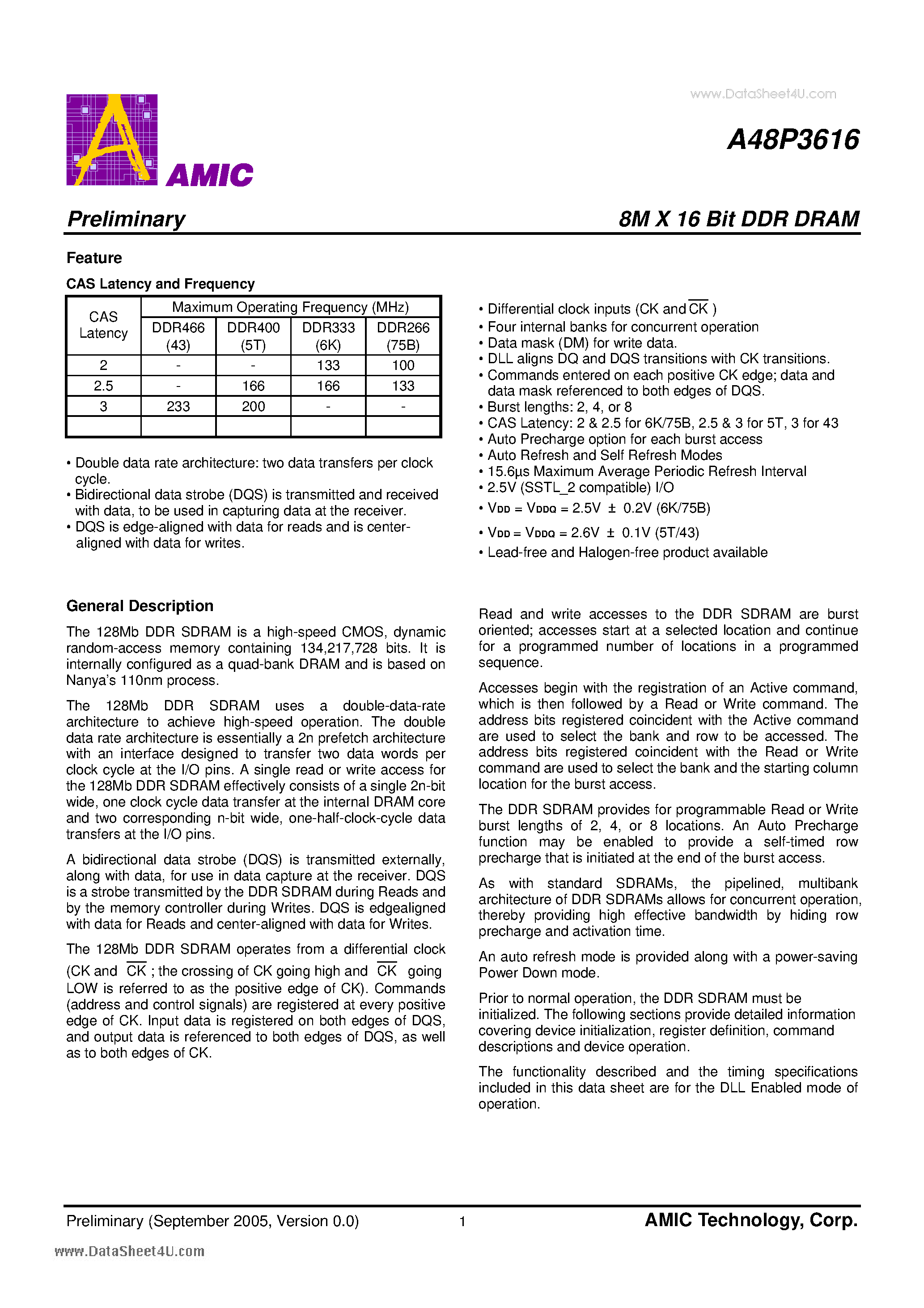 Datasheet A48P3616 - 8M X 16 Bit DDR DRAM page 2